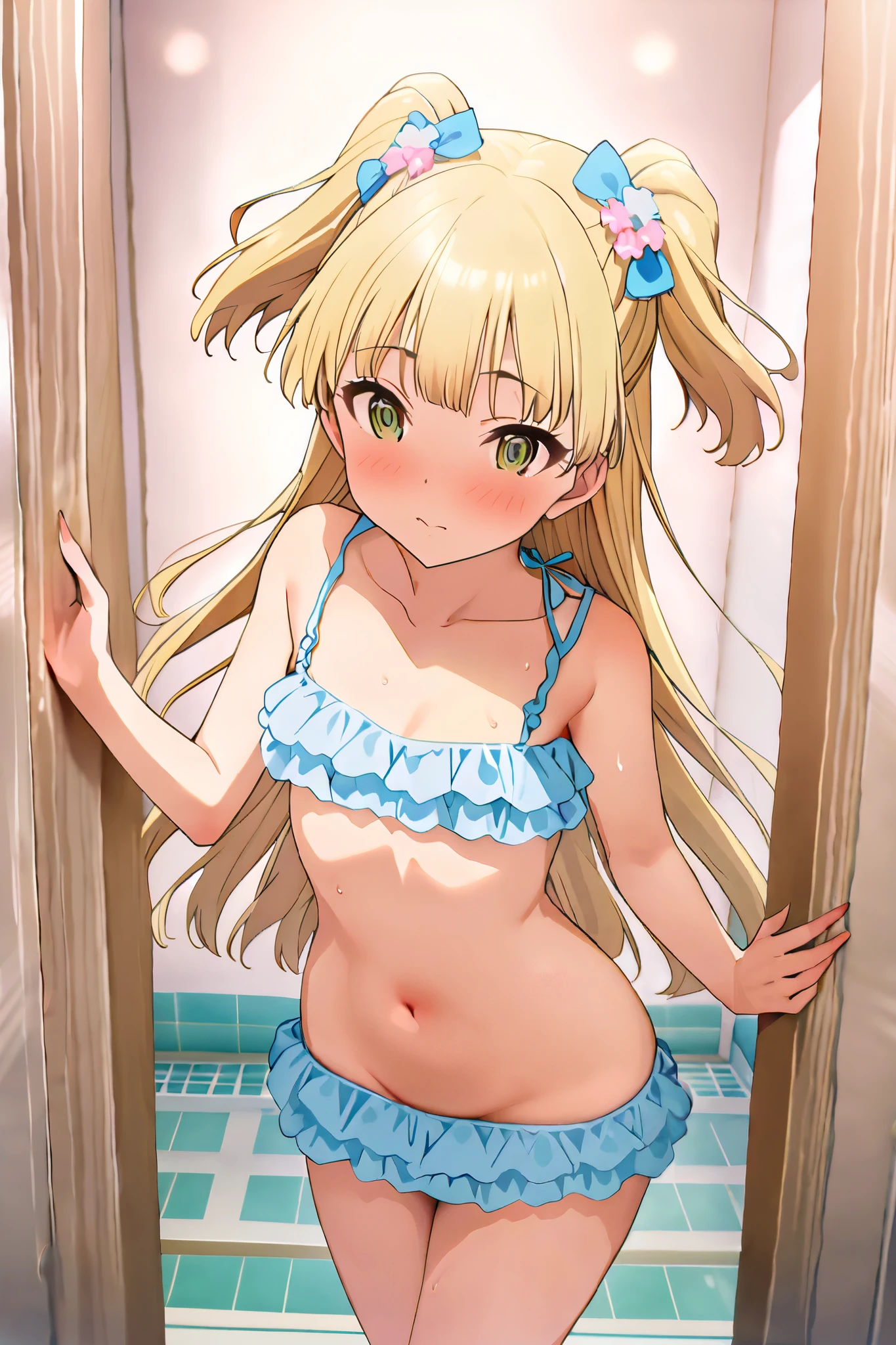 shimotsuki potofu,(micro bikini),masterpiece,:o,blonde,arms behind back, kneeling, aqua eyes, slender