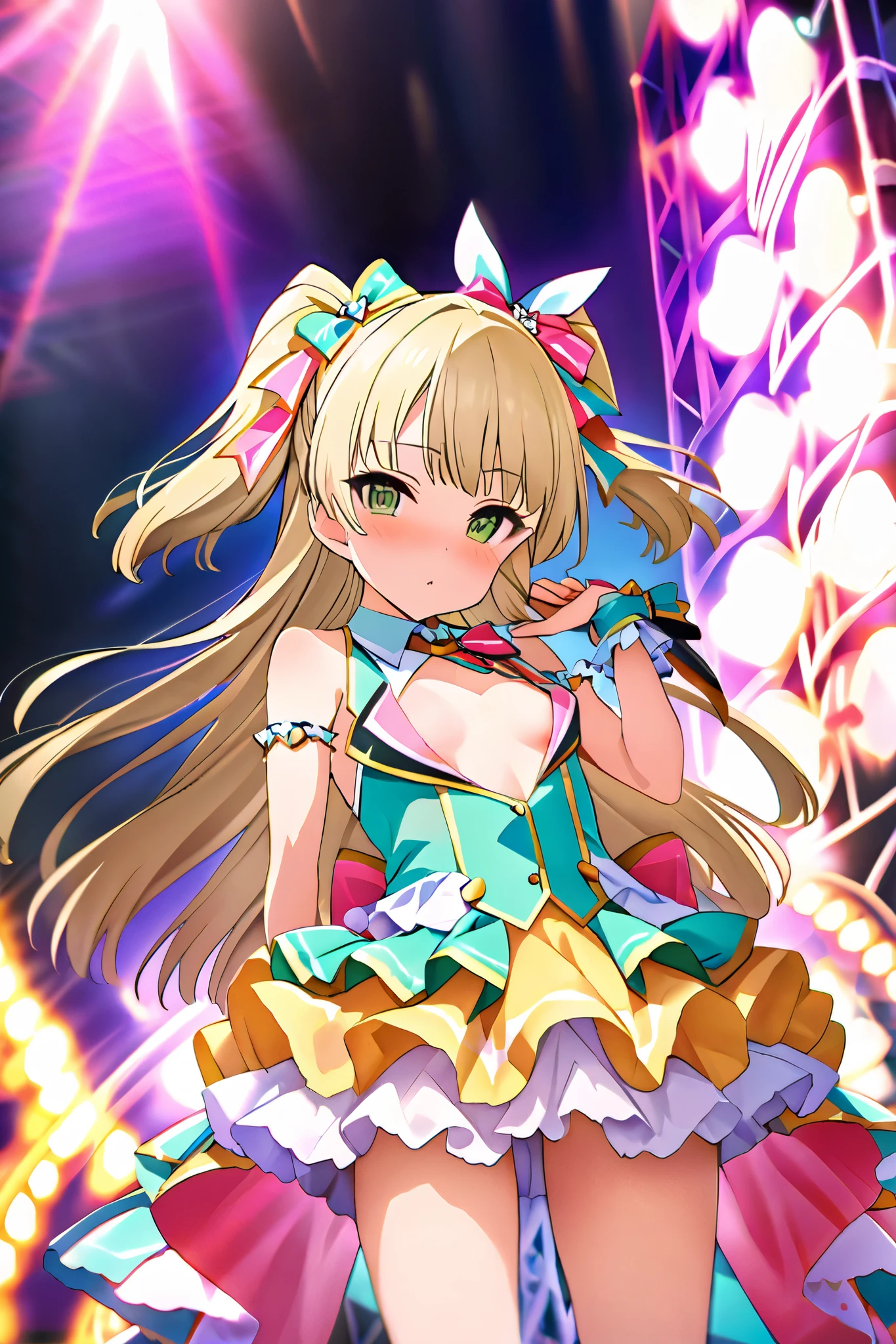 NSFW,masterpiece, best quality, high resolution, very detailed,Rika Jogasaki、Petite、 long hair、 blonde hair、 two side up、bangs、 hair ornament、 green eyes、 small breasts, idol costume