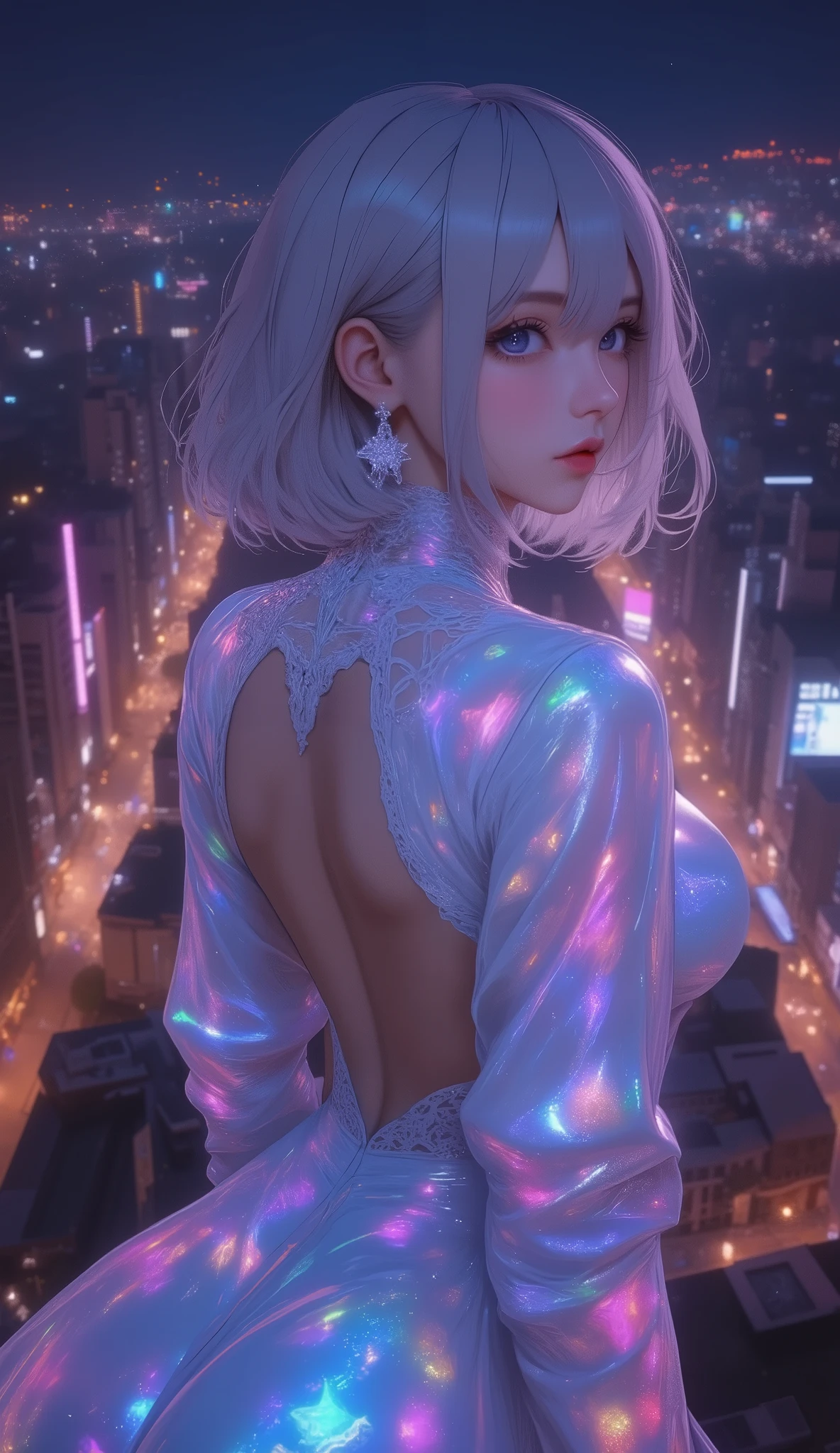 masterpiece, high res, illustration, animation style, movie style: your name, night , mid night , Gentle Light, Fascinating Light, ruins of a big city, (full body shot, full body, view from her back:1.7), (1 female: 1.3), (Alone: 1.4), Type 2B Yorha, has long eyelashes, short bob, nose, open_mouth, Backless long Dress, , Kirarhythm, dynamic perspective, Bokeh, Depth_of_Field, from_ Down, (natural breasts:1.2), (Uplifted and well-defined bust:1.2),