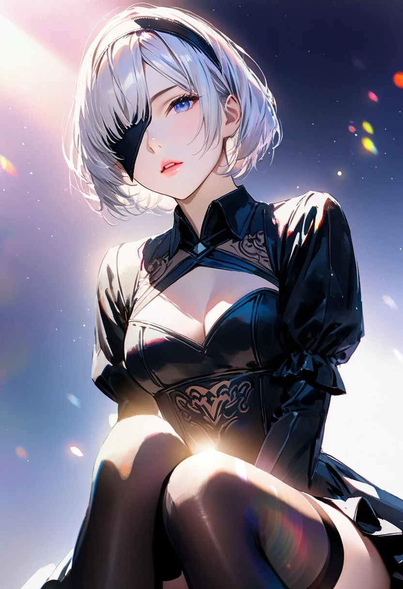 (masterpiece:1.3), top quality, official art, super detailed, looking at viewer, face focus, close up, 1girl, 18 years old, elegant black dress, frill skirt, gloves, beautiful hair, white hair, bob cut, blue eyes, beautiful eyes,thin pink lips, knee high boots, backlight, cinematic lighting, big tits, modesty, melancholy face, bangs, simple black catsuit, hair blowing in the wind