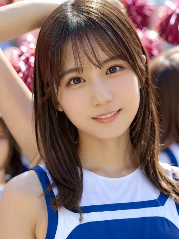 Lens 135mm f1.8, (highest quality),(RAW photo), , (Beautiful 16 year old Japanese girl), cute face, (deeply carved face:0.7), (freckles:0.6), ,dramatic , (japanese school (croptop) blue leather tanktop), (inside the school), shy, low twintails, , (smile),, (sparkling eyes)、standing,