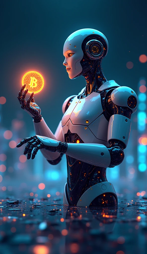 A humanidade green matelistic robot and he holding a bit coin. Quality premium