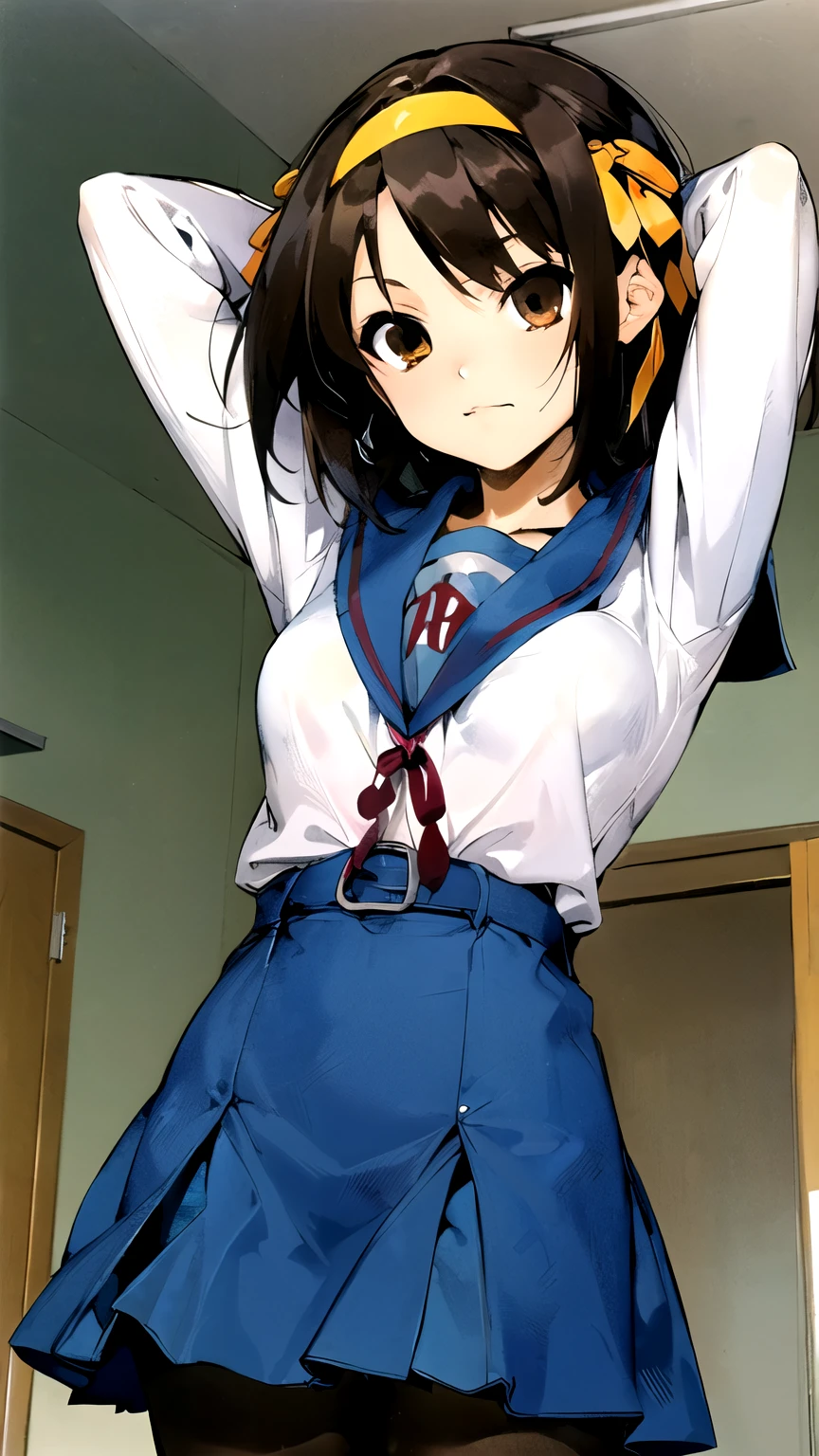 ((masterpiece,best quality)), {DATE_artstyle_LoRA : Manga_Style} {horror_edit} {horror_edit : creepy_room_aura} {horror_manga : gloomy} { ( suzumiya haruhi, , brown hair, short hair, brown eyes, , hairband, medium hair, ribbon), perfectly_shape_breast : perfectly_slender_body } { kita high school uniform, blue sailor collar, blue skirt, armband } {standing : arms_behind_head } { no_emotion : hypnotic_eyes : hypnotized_eyes : lazy_eyes} { sweating } { : dark otaku room : creepy : messy : toys and posters }