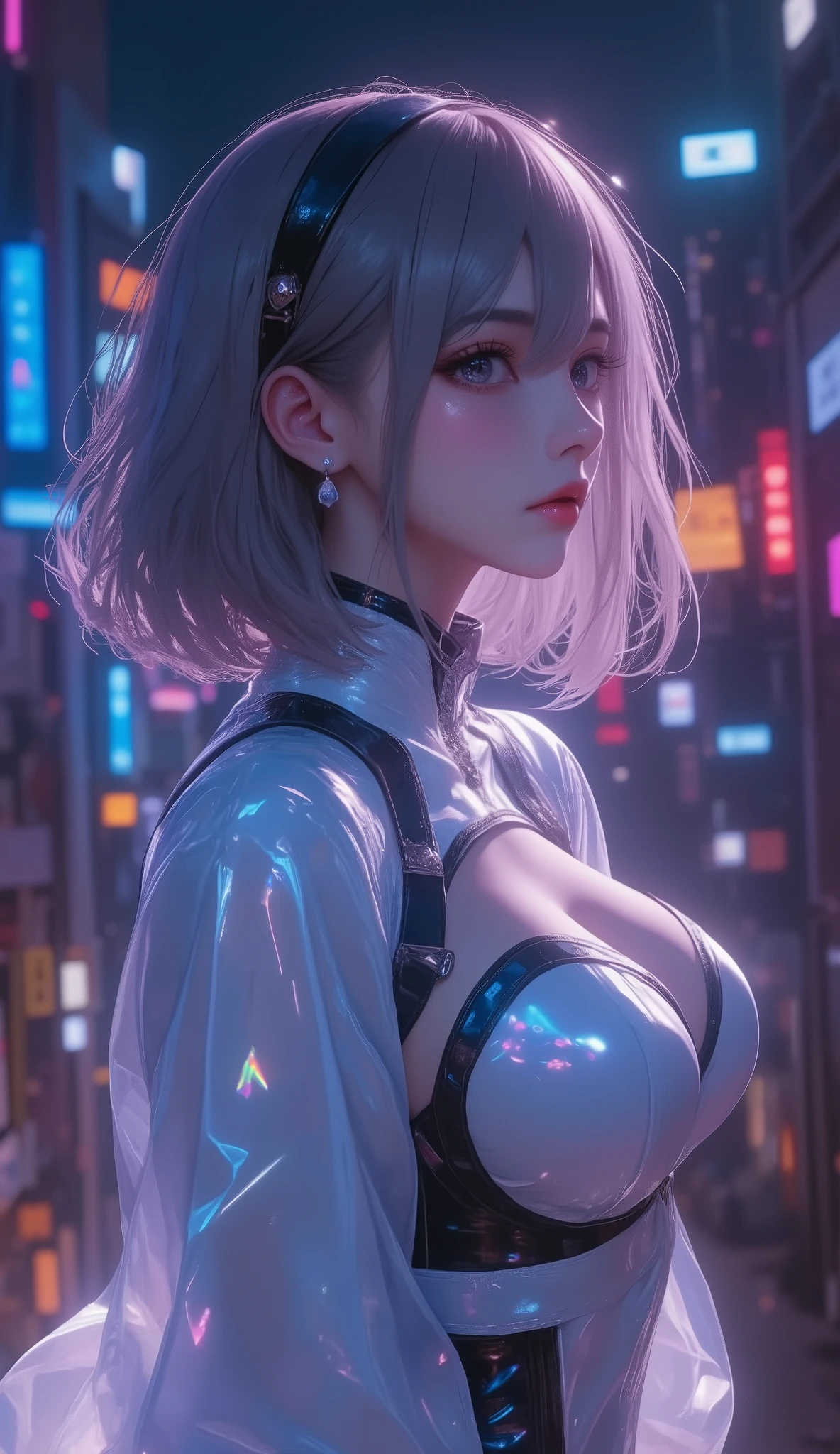 masterpiece, high res, illustration, animation style, movie style: your name, night , mid night , Gentle Light, Fascinating Light, ruins of a big city, (full body shot, side view, sexy pose), (1 female: 1.3), (Alone: 1.4), Type 2B Yorha, has long eyelashes, short bob, nose, open_mouth, long Dress, , Kirarhythm, dynamic perspective, Bokeh, Depth_of_Field, from_ Down, (natural breasts:1.2), (Uplifted and well-defined bust:1.2),