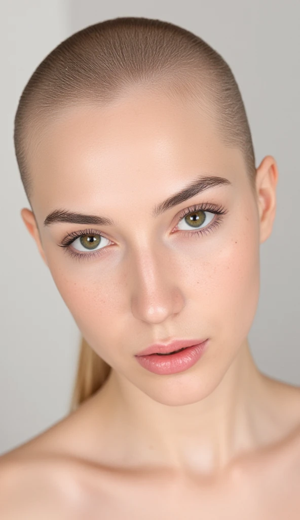"Generate a hyper-realistic portrait of a young, attractive European woman with flawless skin and delicate freckles across her nose and cheeks. She has a bald head, thick, well-defined eyebrows, and captivating bright green almond-shaped eyes with a piercing gaze. Her lips are full and symmetrical, with subtle makeup emphasizing her natural beauty. Her nose his tiny and european looking, she has green eyes. The subject is positioned directly facing the camera in a close-up shot, with a neutral expression. The background is plain and minimalistic, ensuring the focus is entirely on her facial features. The image should have high-definition quality, smooth and radiant skin with a slight glow, captured under studio lighting to enhance the details."