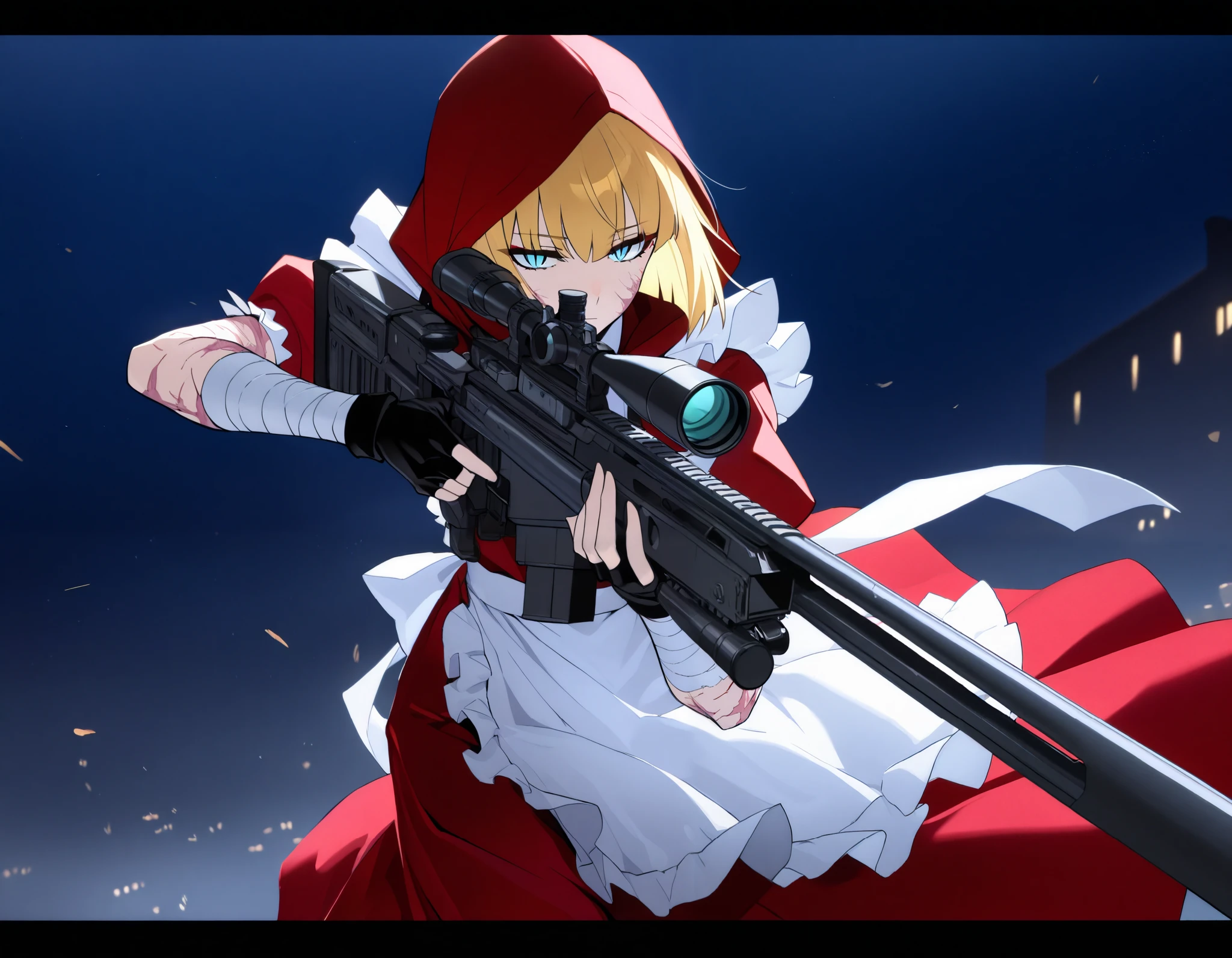 (best quality, highest quality:1.2), masterpiece, top quality, ultra high definition, rich contrasts, HD,8k, High Definition CG Unit Wallpaper, texture , Unbelievably Absurd, ultra high definition, RAW photos ,Deep border 1 .2, very detailed,
1girl, solo, standing, blonde hair, tired hair, newest, highres, absurdres, red riding hood, sniper rifle,
Expressionless, half closed eyes, slit pupils, light blue eyes, bangs, bob cut, long eyelash, Scars, Burn Scars,
Tactical vest, (red maid dress, red long skirt, put on the hood:1.2), white frill, white long maid apron, black fingerless gloves, arm bandage, action shot of a soldier wielding, night sky,
score_9, score_8_up, score_8,source_anime,