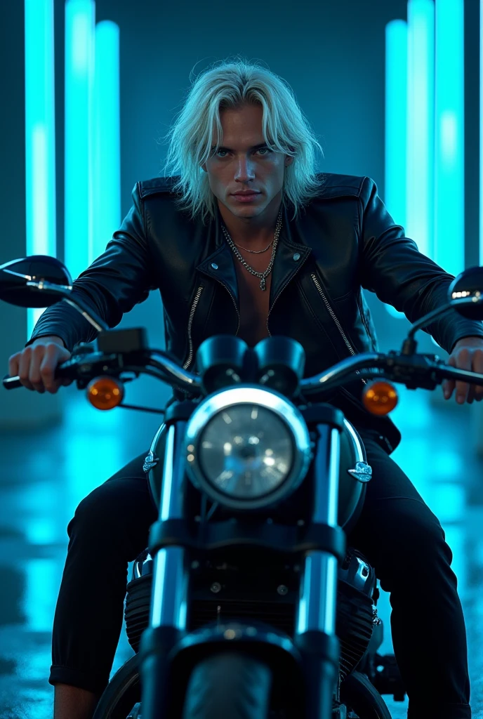 22-year-old Lachowski , Lucky Blue Smith platinum white wet long hair, green eyes, brand, wearing a black motorcycle leather suit , riding a Harley Davison motorcycle , dark background with neon blue lights