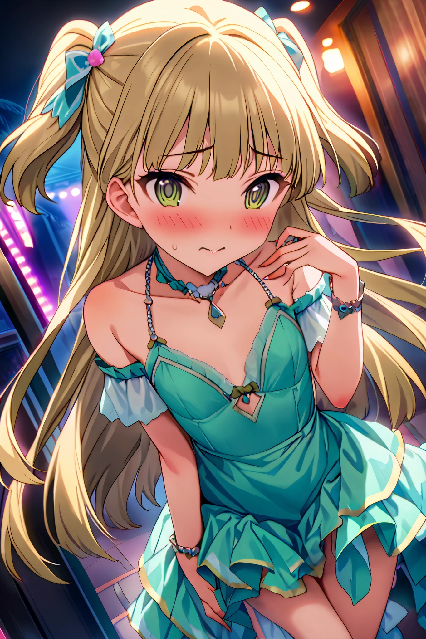 NSFW,masterpiece, best quality, high resolution, very detailed,Rika Jogasaki、Petite、 long hair、 blonde hair、 two side up、bangs、 hair ornament、 green eyes、 small breasts,(Prostitute:1.5),High-quality dress,Nightlife, The Shady City ,Embarrassed,blush