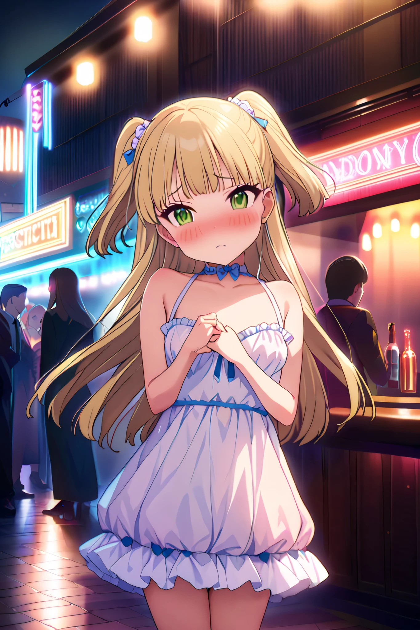NSFW,masterpiece, best quality, high resolution, very detailed,Rika Jogasaki、Petite、 long hair、 blonde hair、 two side up、bangs、 hair ornament、 green eyes、 small breasts,(Prostitute:1.5),High-quality dress,Nightlife, The Shady City ,Embarrassed,blush