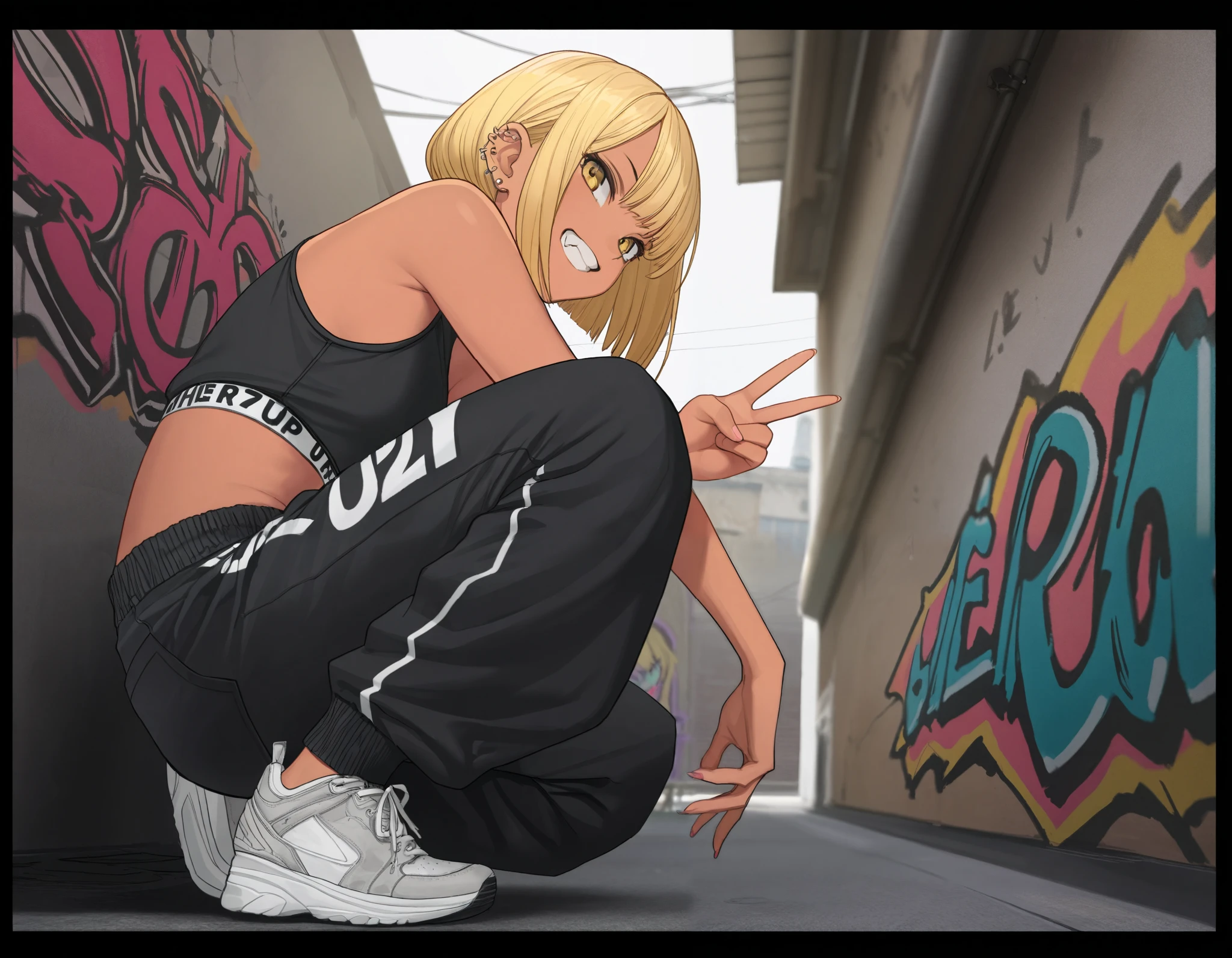 (best quality, highest quality:1.2), masterpiece, top quality, ultra high definition, rich contrasts, HD,8k, High Definition CG Unit Wallpaper, texture , Unbelievably Absurd, ultra high definition, RAW photos ,Deep border 1 .2, very detailed, back alley, graffiti wall, stylish pose, ceiling, from side:1.2, squatting,
bimbo, cute, streetwear, oversized Lower pants, street style, sneakers, single V, There are many piercings,
glamorous, grin, fang, yellow eyes, blonde bob hair, tan, 
