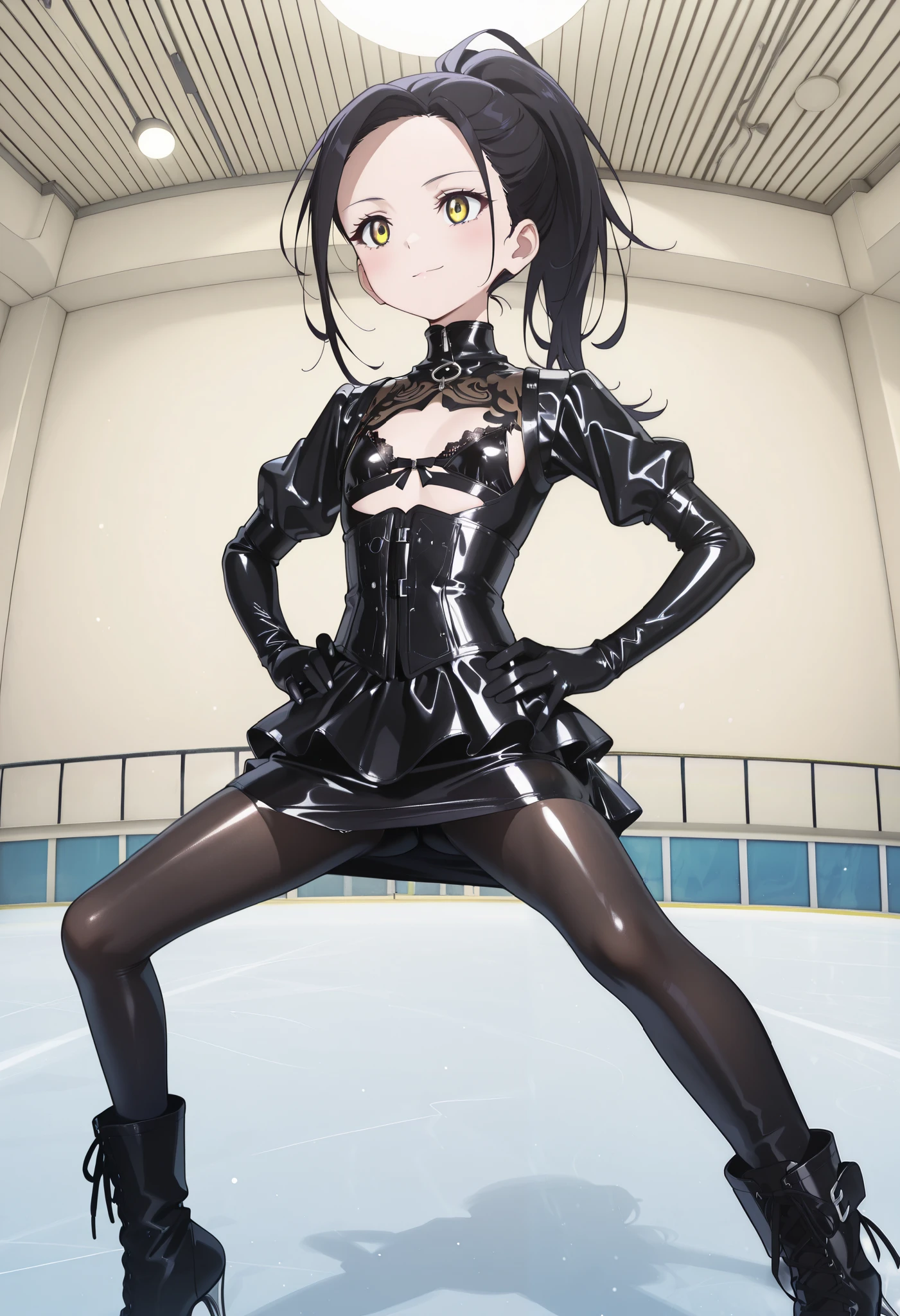 child、((( short)))、(((Child body type)))、((( slim figure)))、(((Small Bust)))、((( girl)))、 Yankee sitting、 poop sitting、((Open legs:1.4)))、((( wide thigh opening with one legでしゃがむ)))、((( open legs in a M shape and crouch )))、BDSM、Queen、mistress、(((One girl)))、(((solo:1.8)))、(((Black latex elbow gloves:1.4)))、((( black latex corset dress :1.4)))、((( The Corset Dress is Decorated with Beautiful Lace)))、((( Corset Dress with Shoulder Straps )))、((( Black Latex Tight Miniskirt :1.4)))、((( Black Thigh-High Boots :1.4)))、(((Black rubber tights:1.2)))、((( stiletto heel boots that kick a man:1.4)))、((( black latex tight mini skirt )))、(((Black latex bra)))、(((Black leather collar)))、((( sexy pose :1.4 )))、 wide thigh opening with one leg:1.2、((( erotic)))、((( cowboy shot)))、 close-up、((( place your hands on your hips)))、ハイライトの入った beautiful瞳、きめ細かい beautiful肌、Two perfect anatomical arms、 Anatomically Perfect 2 Legs 、(Four perfect fingers and one thumb)、masterpiece, best quality, up to date, are ridiculous, high resolution, detailed eyes , beautiful, detailed background , perfect eyes, anime coloring on nipples, 1 girl in the best, Alone, Kamisaki Hikaru , long hair, black hair, ponytail, Good eyes, flat chest, black jacket, High collar, long sleeve , black pants, Ice Skating, Ice Skating, watch viewers, ( straight on , close:1.2), Serious, smile, ( Ice Skating場, fisheye), Staring at Viewers、 golden eyes、 expressionless 、Cold Stare、blush:1.2