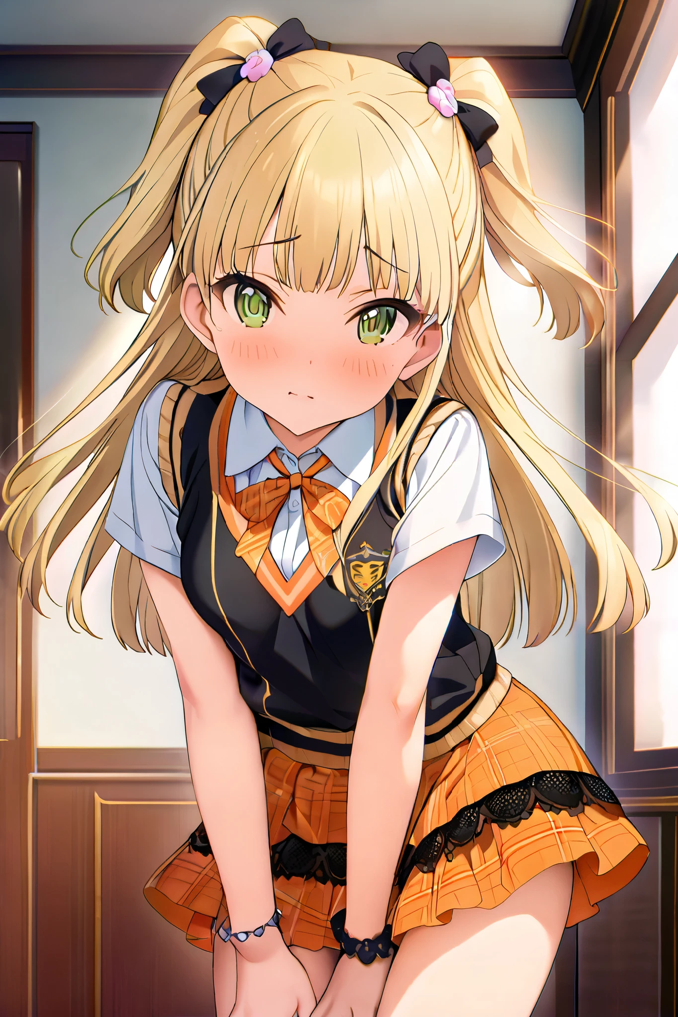 NSFW,masterpiece, best quality, high resolution, very detailed,Rika Jogasaki、Petite、 long hair、 blonde hair、 two side up、bangs、 hair ornament、 green eyes、 small breasts, hair tie 、uniform、clavicle、neck ribbon、 collar shirt、 sweater vest、Short sleeve、 bracelet、 plaid skirt、 Orange Skirt , black lace panties , skirt lift
