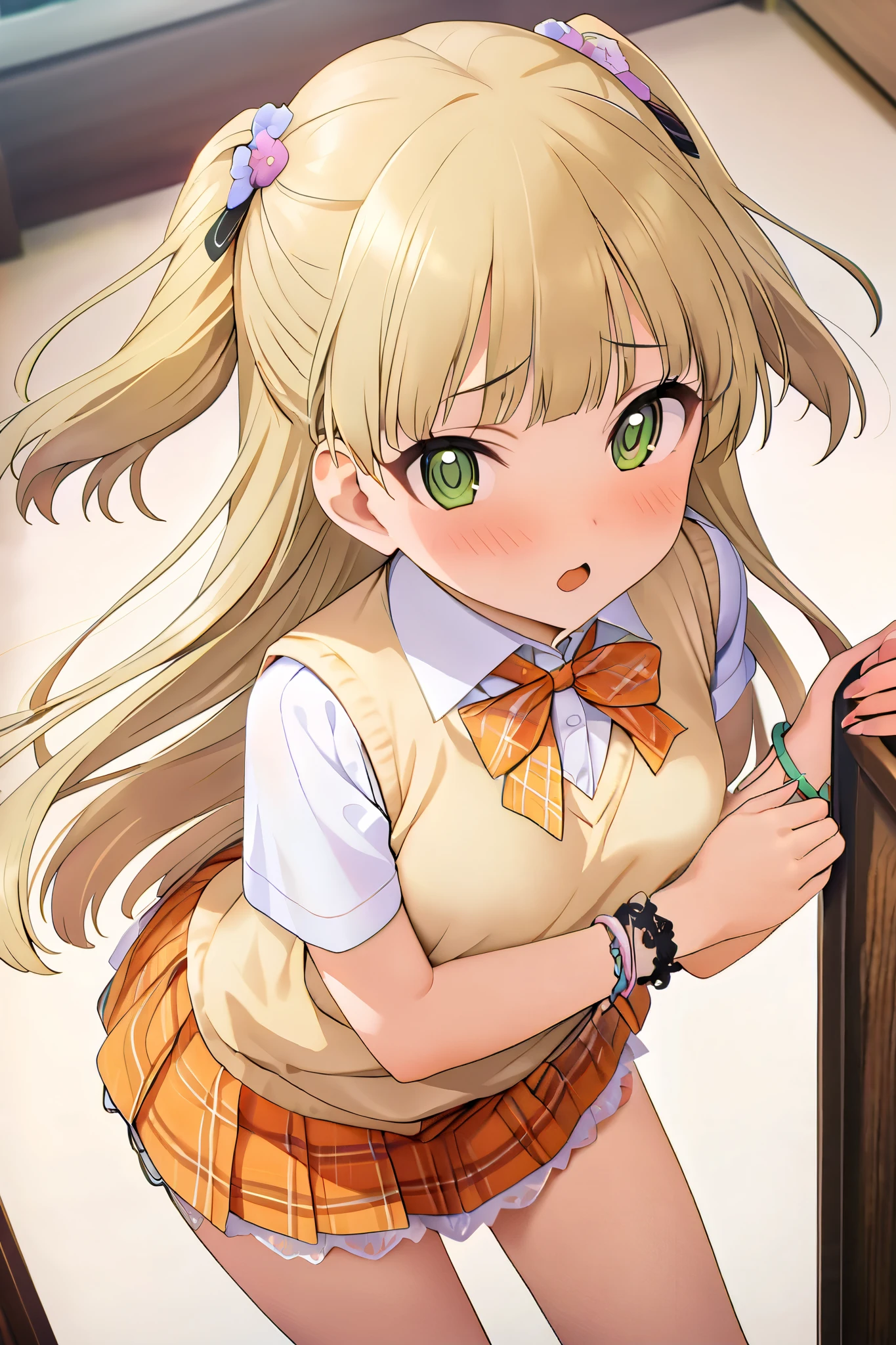 NSFW,masterpiece, best quality, high resolution, very detailed,Rika Jogasaki、Petite、 long hair、 blonde hair、 two side up、bangs、 hair ornament、 green eyes、 small breasts, hair tie 、uniform、clavicle、neck ribbon、 collar shirt、 sweater vest、Short sleeve、 bracelet、 plaid skirt、 Orange Skirt , black lace panties , skirt lift