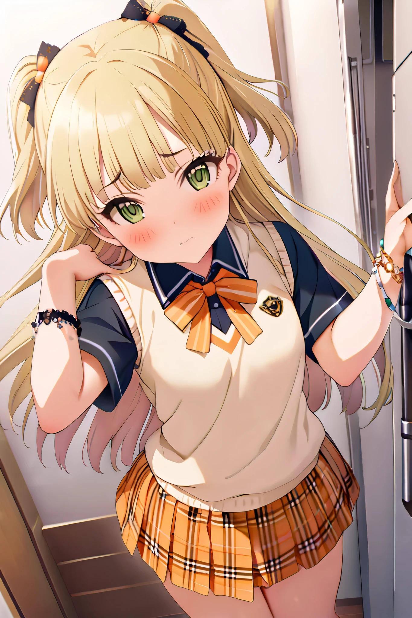 NSFW,masterpiece, best quality, high resolution, very detailed,Rika Jogasaki、Petite、 long hair、 blonde hair、 two side up、bangs、 hair ornament、 green eyes、 small breasts, hair tie 、uniform、clavicle、neck ribbon、 collar shirt、 sweater vest、Short sleeve、 bracelet、 plaid skirt、 Orange Skirt , black lace panties , skirt lift