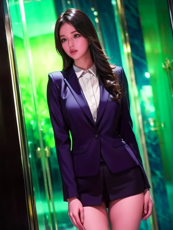 Highest quality,Ultra HD,8k,(Beautiful 25 year old Asian hit woman), (Wolf cut black hair), (White skin), (Serious face), Blue skirt suit 1.5, (((Three-piece suit))), (((Dress shirt))), (((tie))), blazer,(Thigh 1.2,Glamorous Body), (((blue suit jacket))), Black shiny lapel, (((Bodycon mini skirt))), Tight Skirt, tights, pantyhose, Cufflinks, (Night city background), View from the front, Well-groomed and beautiful face 1.2, Dynamic pose, Ambient Lighting, Photographic realism, Intricate facial details, Exquisite handcrafted details, Very detailed, Vibrant colors, Cinematic, High resolution, Trending Styles Raw on Artstation, , Excited,