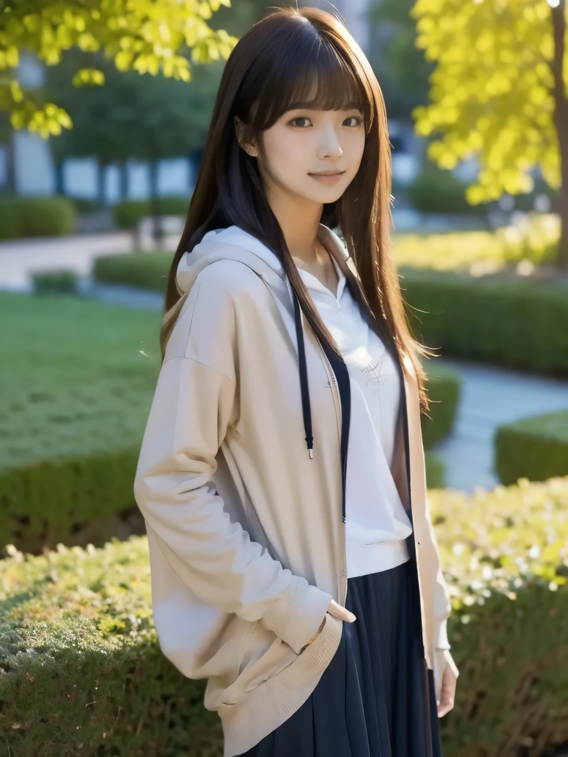 1 girl in the best, long hair, (( high resolution)), (( look)), wearing a hoodie 、 long skirt, multiview, anatomically correct, best quality, Details , 高い Details , High Definition Model , bangs, 目の間のbangs, Reality, Illuminations,garden