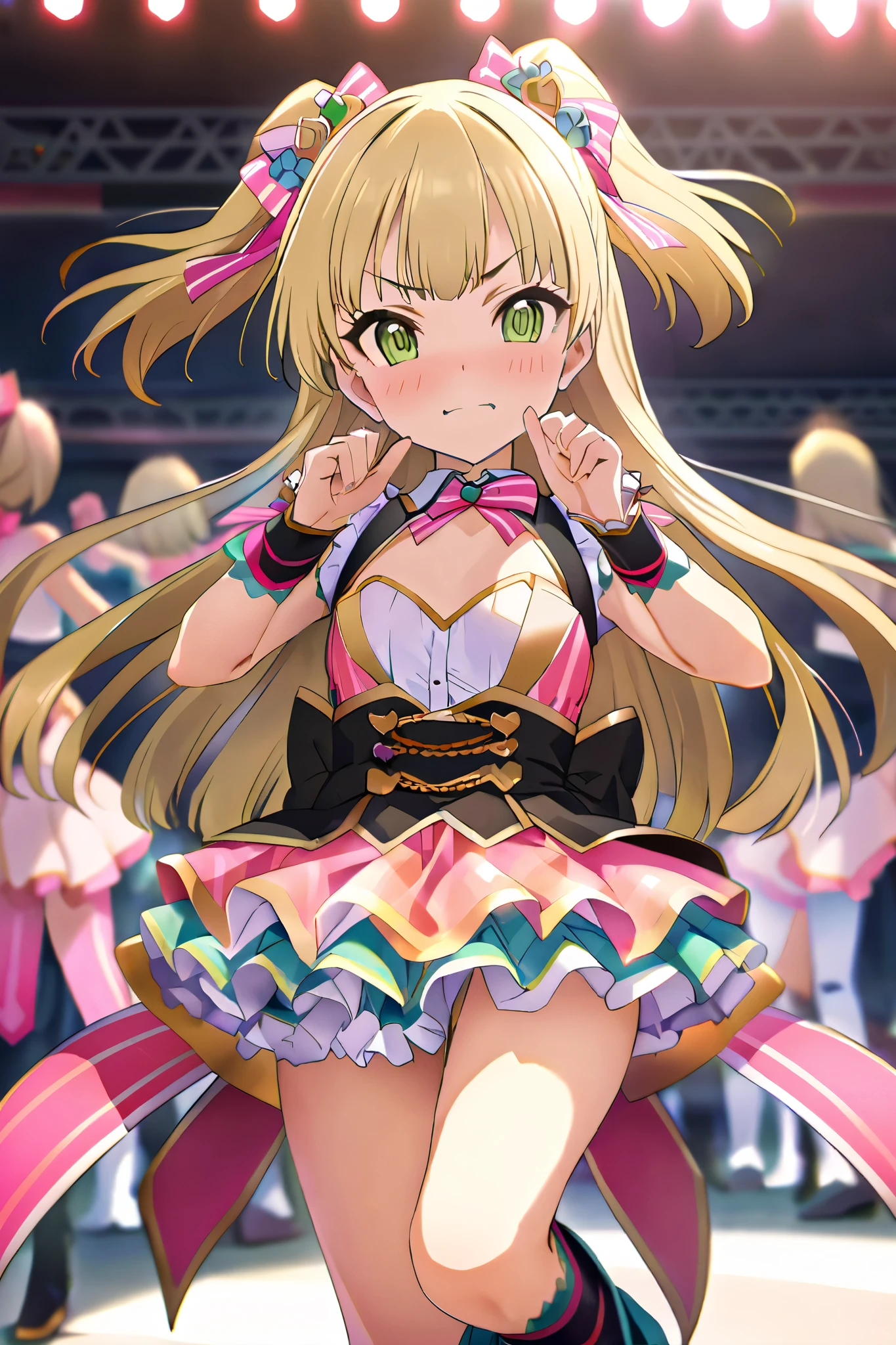 NSFW,masterpiece, best quality, high resolution, very detailed,Rika Jogasaki、Petite、 long hair、 blonde hair、 two side up、bangs、 hair ornament、 green eyes、 small breasts, idol costume, ninja mask ,Frills,race