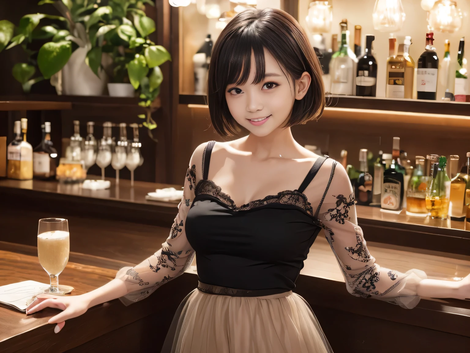 Ultra HD、8K、(1 female:1.2. Beautiful and natural、High-quality texture, Intricate details, Fine texture, High detail, Extremely detailed CG, High Quality Shadows, Realistic facial expressions, Beautiful and delicate down to the last detail, Beautiful and delicate eyes, Brown pupil, Perfectly balanced face, Written boundary depth, Cinematic Light, Lens flare, Ray Tracing,perspective, (Big eyes:1.2), Perfect body,Dutch Angle,Excellent anatomy,, elegant, Bright colors, 、Waist、Small Mouth、((Silけ-colored clothes))、((bar))、((furubody))、15 years old、(Very short hair/Ultra short),night、night scene、(Super Short Hair)、((Ultra short hair、Berry Short))、Straight bangs、((one person))、smile、Black short sleeve lace top、Black tulle skirt、Black clothing、Large Breasts、You can see through your stomach、