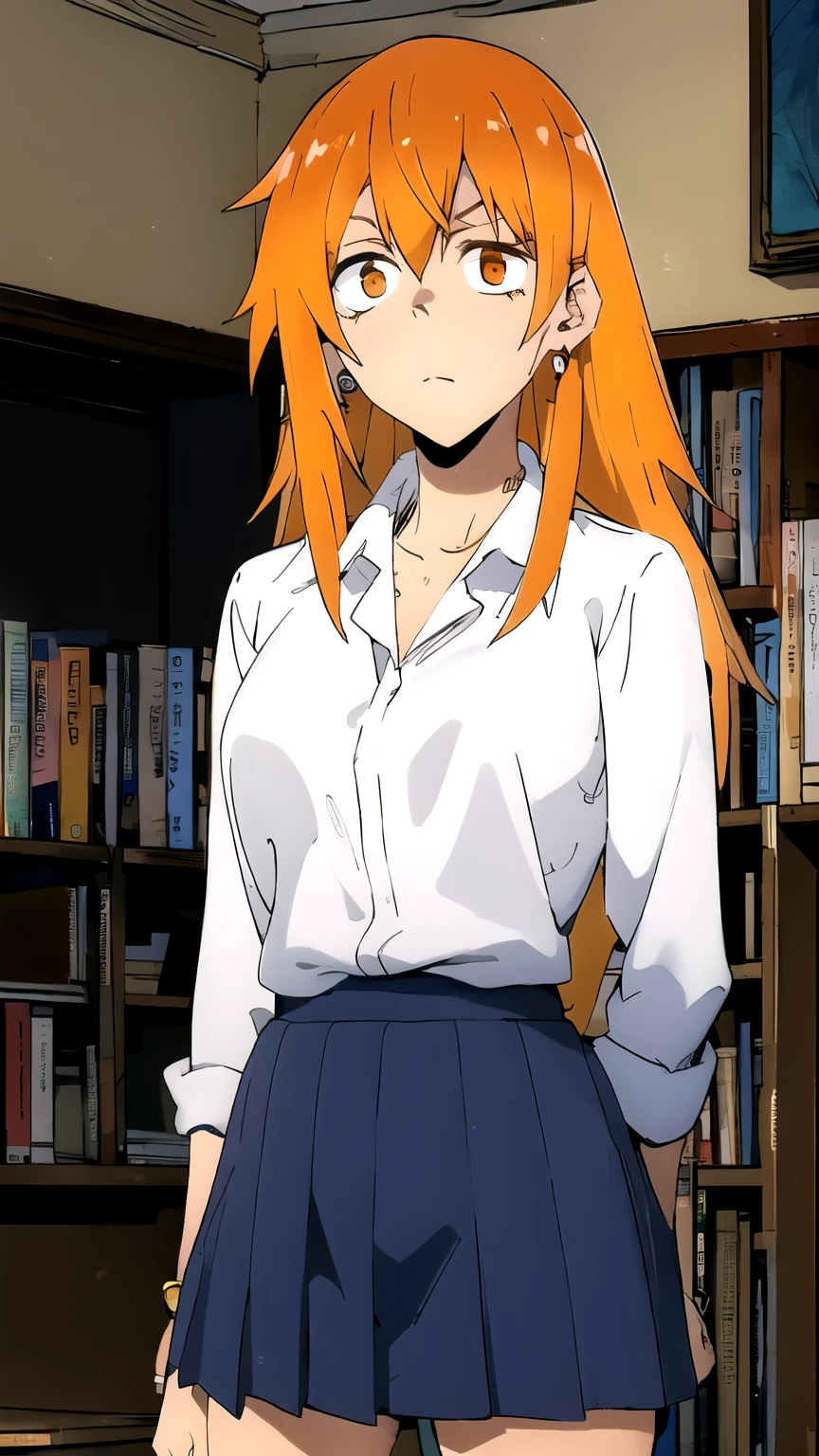 ((masterpiece,best quality)), {DATE_artstyle_LoRA : Manga_Style} {horror_edit} {horror_edit : creepy_room_aura} {horror_manga : gloomy} { ( maki gamou, long hair, orange hair, (orange eyes:1.3), sanpaku, ,), perfectly_shape_breast : perfectly_fit_body } { skirt, shirt, jewelry, school uniform, white shirt, pleated skirt, earrings, blue skirt } {standing : arms_behind_head } { no_emotion : hypnotic_eyes : hypnotized_eyes : lazy_eyes} { sweating } { : dark otaku room : creepy : messy : toys and posters }