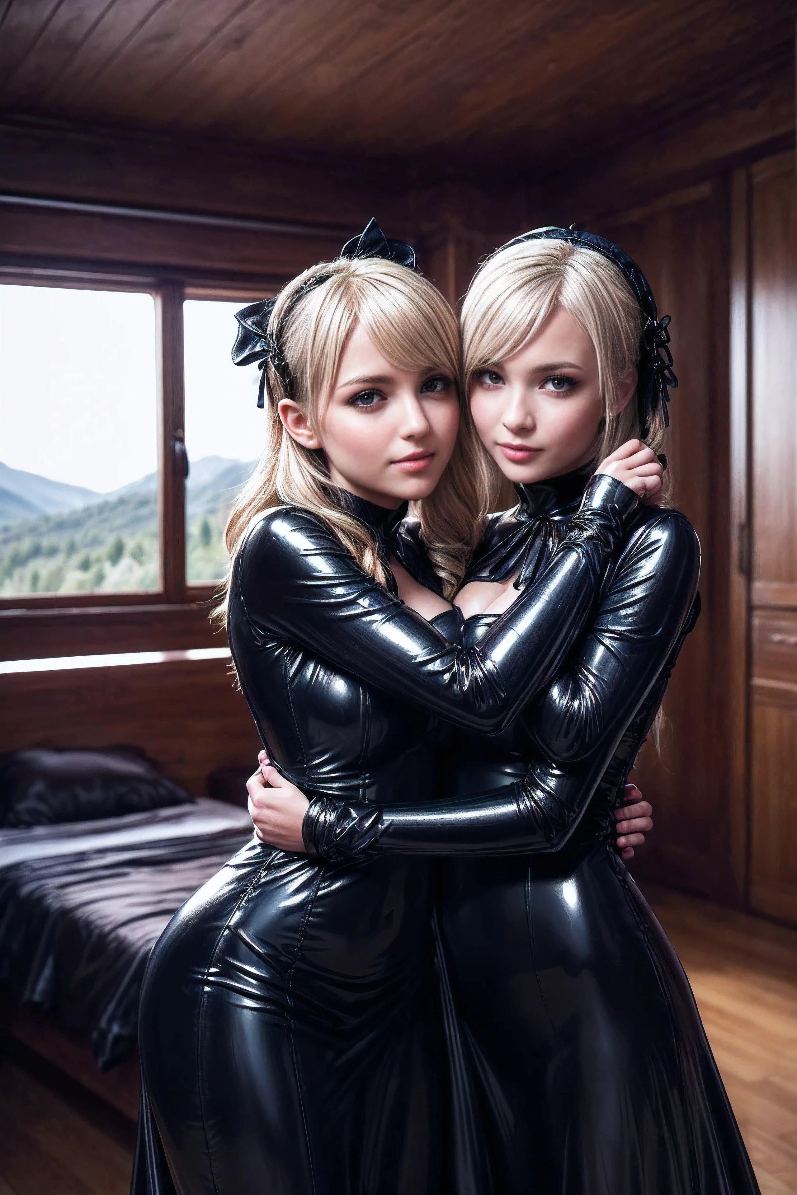 (Cute innocent white 12 year old twin sisters:1.2), both with long straight blonde hair, blue eyes, (fully nude), revealing nun outfit, (wearing black tight thigh highs), (round firm breasts), flat stomach, (topless:1.2), big round asses, posing indoors, living room, smiling, happy, ultra realistic, 4k, exquisite, girly, playful, Pretty, looking back, view from behind, 