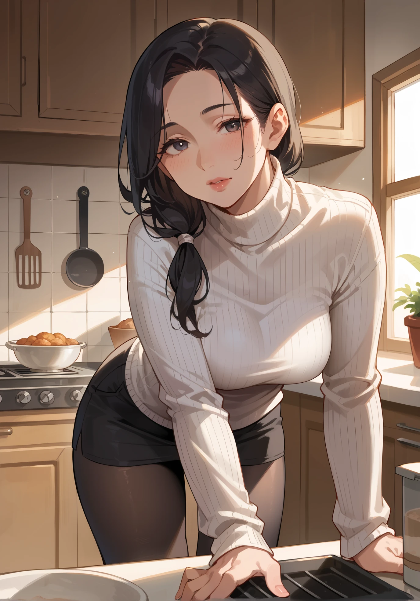 (masterpiece), (best quality), (beautiful eyes and face), (perfect female body), (shiny skin),
looking at viewer, cowboy shot,
1girl, solo, yor briar, black hair, long hair, red eyes,
small breasts,
white hairband, gold earrings, jewelry, (oversized hoodie), (cleavege)
lips seperated , mouth open
living room, facing viewer, large waist, thick thighs, thigh gap, (36year old woman), facing viewer, top down, leaning over, bend over, leaning over viewer, leaning over kitchen table, over kitchen table, in te kitchen, no pants, naked legs, hoodie covering pussy, hoodie covering waist, thick heavy hoodie, large hoodie stringa,