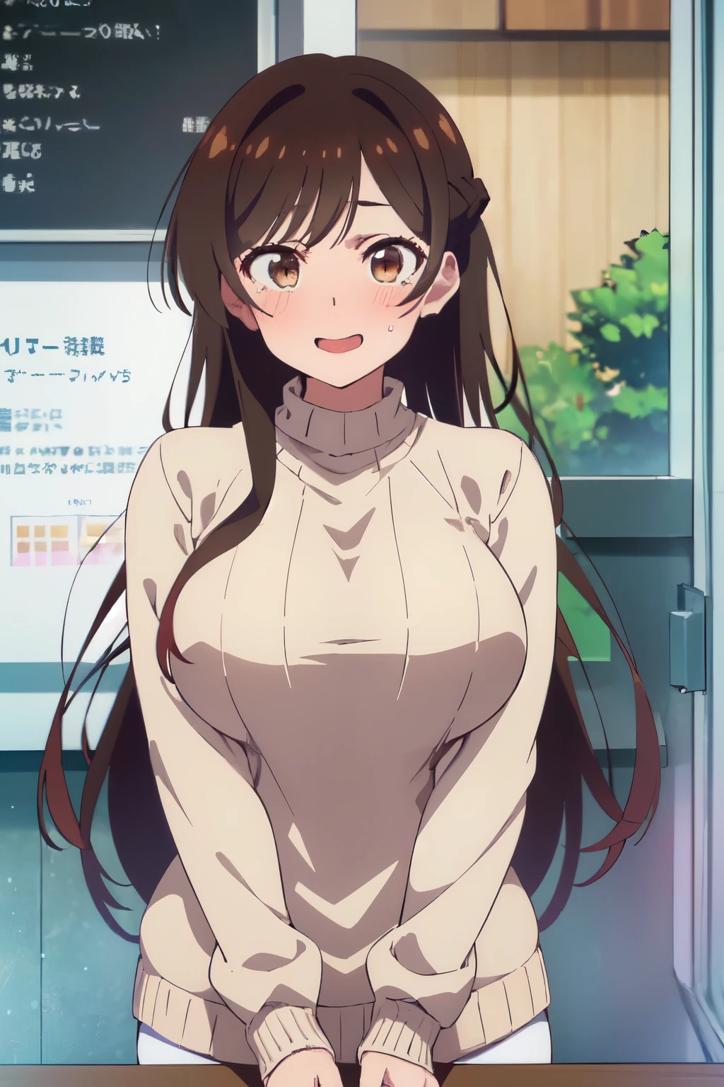 ((( pixel perfect, Details-perfect))), Alone, 1 girl in the best, Chizuru Ichinose, Sweater, watch viewers, Smile, upper body 1 girl, beauty, brown eyeS, Alone, breaStS, tea hair, big breaStS, Kanojo anime lineart , Chizuru, 1 girl, tea hair, long hair, brown eyeS,Nervous,S, crying, big breaStS,Transparent Lingerie,addition_ Details: 1, mouth, Showing tongue, embarraSSed, Semen in the vagina, ahe face, How, excited face ,, 1 fat man ,man Showing hiS peniS with Semen,