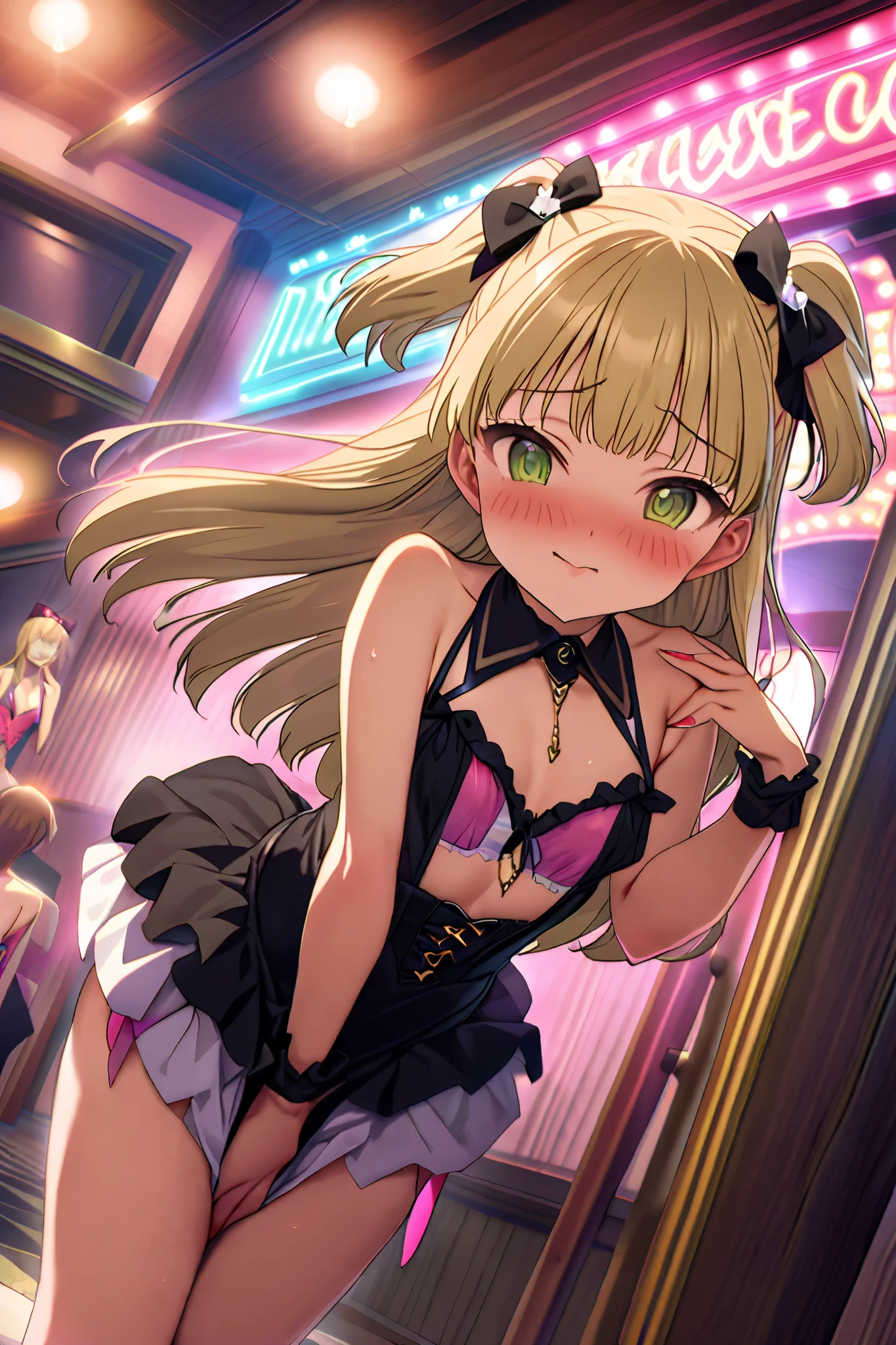 NSFW,masterpiece, best quality, high resolution, very detailed,Rika Jogasaki、Petite、 long hair、 blonde hair、 two side up、bangs、 hair ornament、 green eyes、 small breasts,(Prostitute:1.5),Naughty Dress,Nightlife, The Shady City ,Embarrassed,blush