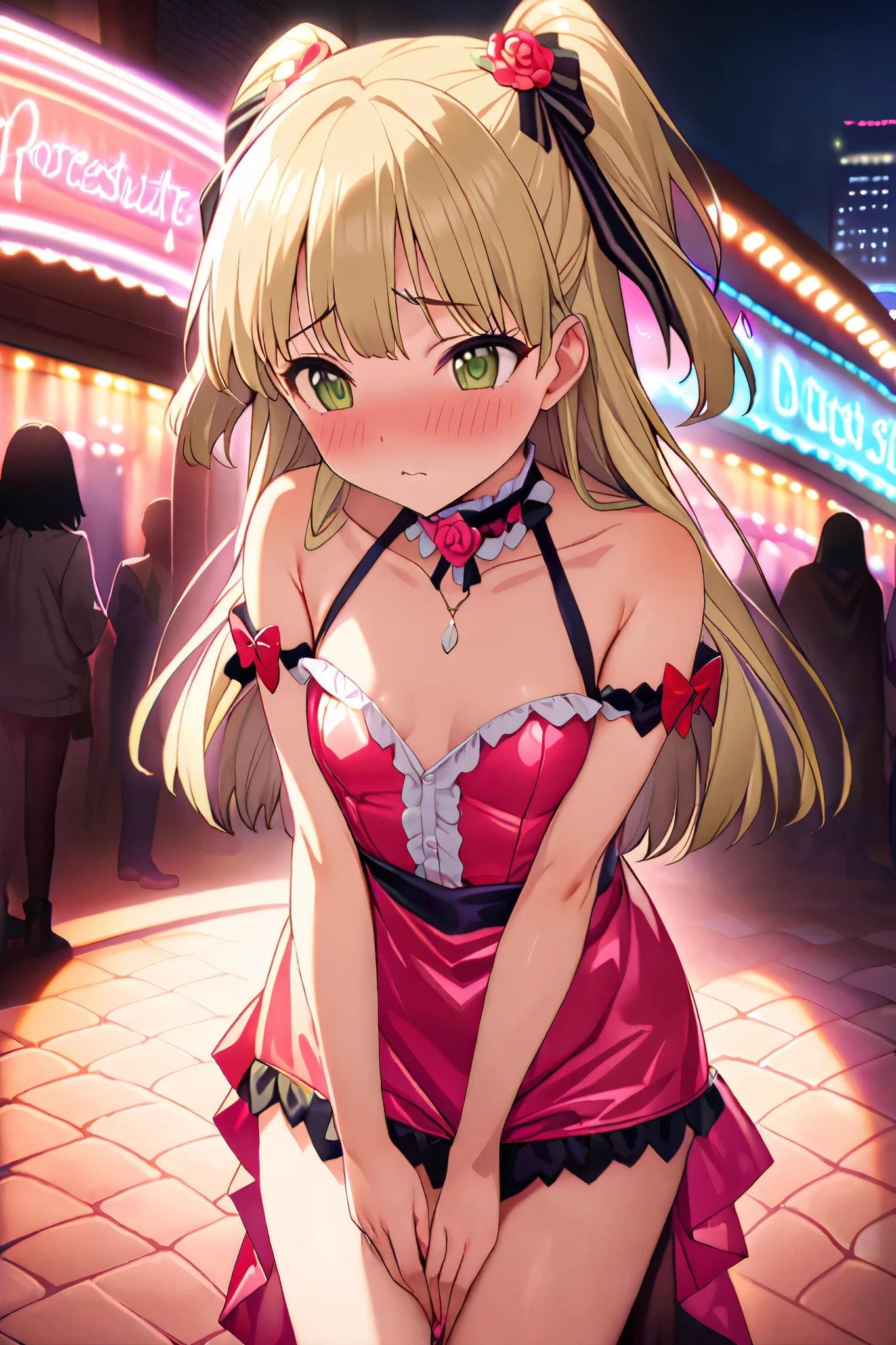 NSFW,masterpiece, best quality, high resolution, very detailed,Rika Jogasaki、Petite、 long hair、 blonde hair、 two side up、bangs、 hair ornament、 green eyes、 small breasts,(Prostitute:1.5),Naughty Dress,Nightlife, The Shady City ,Embarrassed,blush