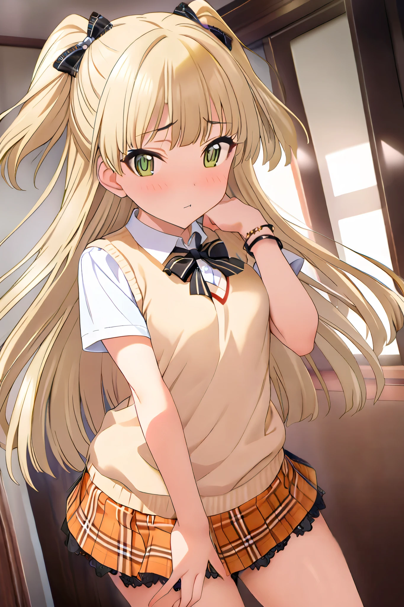 NSFW,masterpiece, best quality, high resolution, very detailed,Rika Jogasaki、Petite、 long hair、 blonde hair、 two side up、bangs、 hair ornament、 green eyes、 small breasts, hair tie 、uniform、clavicle、neck ribbon、 collar shirt、 sweater vest、Short sleeve、 bracelet、 plaid skirt、 Orange Skirt , black lace panties , rolls up her skirt