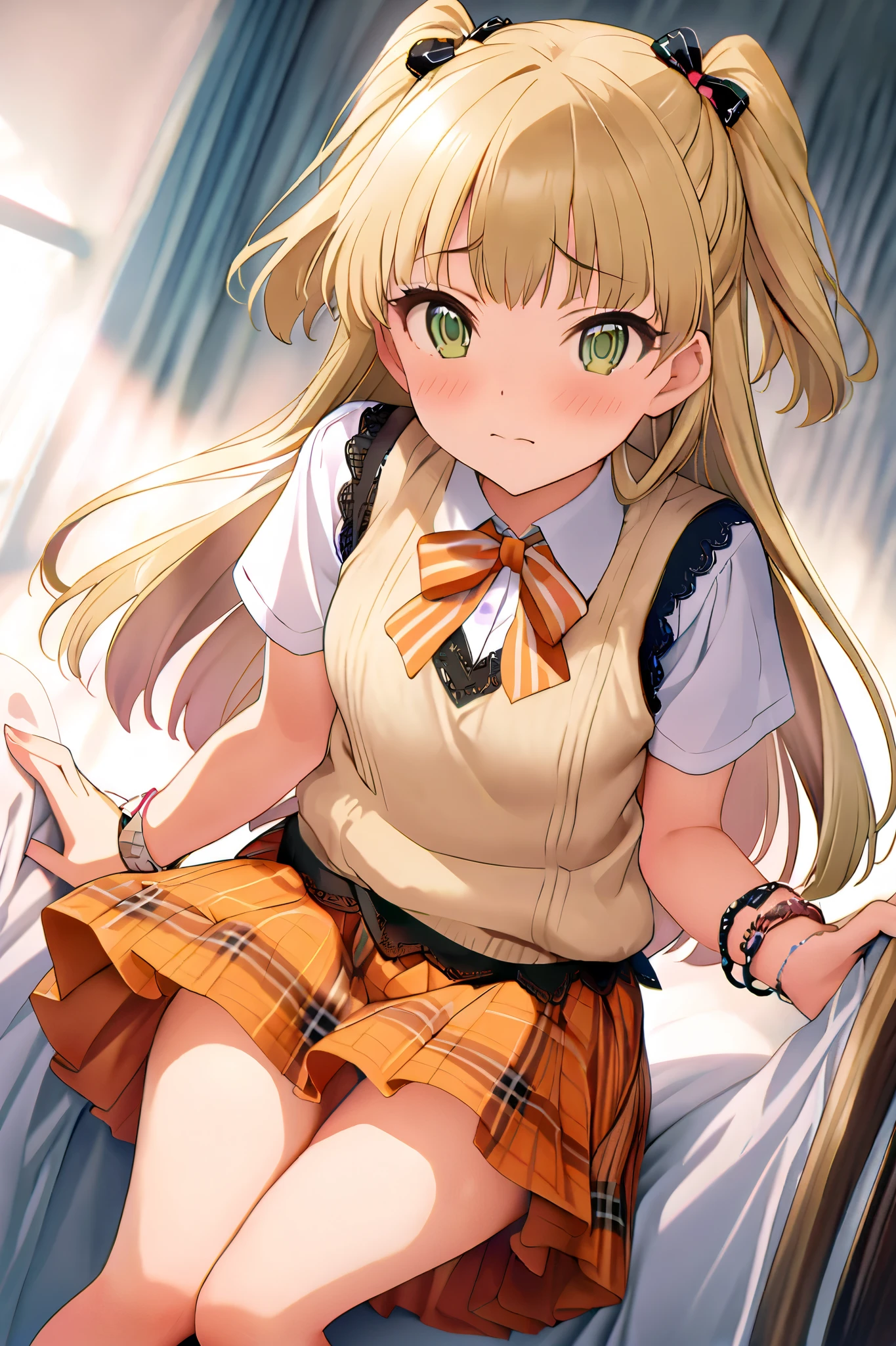 NSFW,masterpiece, best quality, high resolution, very detailed,Rika Jogasaki、Petite、 long hair、 blonde hair、 two side up、bangs、 hair ornament、 green eyes、 small breasts, hair tie 、uniform、clavicle、neck ribbon、 collar shirt、 sweater vest、Short sleeve、 bracelet、 plaid skirt、 Orange Skirt , black lace panties , rolls up her skirt