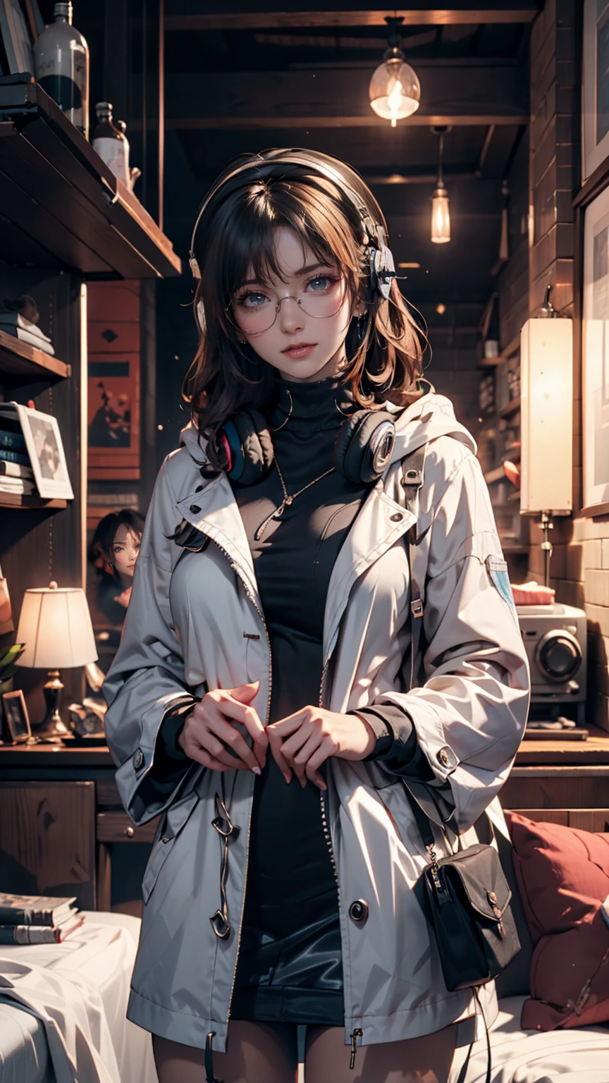 A bob brown haired woman wear round glasses wear a black lace corset, black skirt, black Beret, white boa fur, brown tights, black high heels, standing in the cyberspace, has a lot of holographic cube floating around, 3D animation, cartoonist