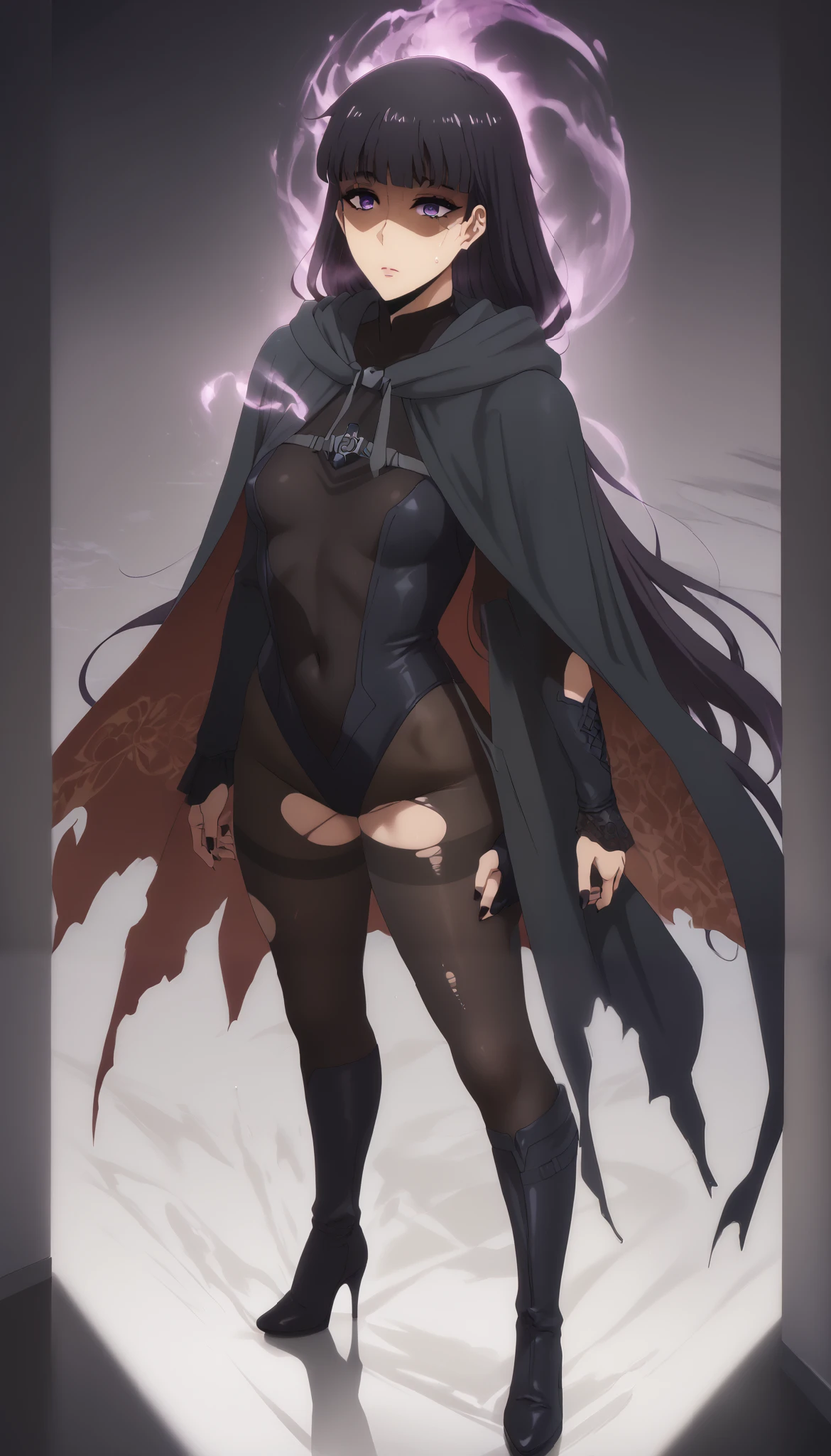 score_9, score_8_up, score_7_up, misuzu gundou, long hair, bangs, black hair, blunt bangs, purple eyes, (small breasts:1.3), anime coloring, anime screencap, (voluptuous:1.3), (thick:1.3), (voluptuous:1.3), (thick:1.3), BREAK UHD, retina, masterpiece, accurate, anatomically correct, textured skin, super detail, high details, high quality, award winning, best quality, highres, 4K, black nails, makeup, eyelashes, excessive sweating, sweating, sweating drop, (gasping, heavy breathing:1.3), (skindentation:1.2), perfect eyes, beautiful eyes, eyelashes, makeup, detailed body, perfect body, BREAK, torn_clothes, 1girl, torn_legwear, breasts, leotard, looking_at_viewer, solo, large breasts, hood, standing, covered_navel, hood_up, full_body, cloak, gloves, black_leotard, bodysuit, boots, black_footwear, pantyhose, navel, glowing, high_heels, science_fiction, bodystocking, nsfw art, nsfw, hollow eyes, expressionless, shaded face, (aura:1.4)