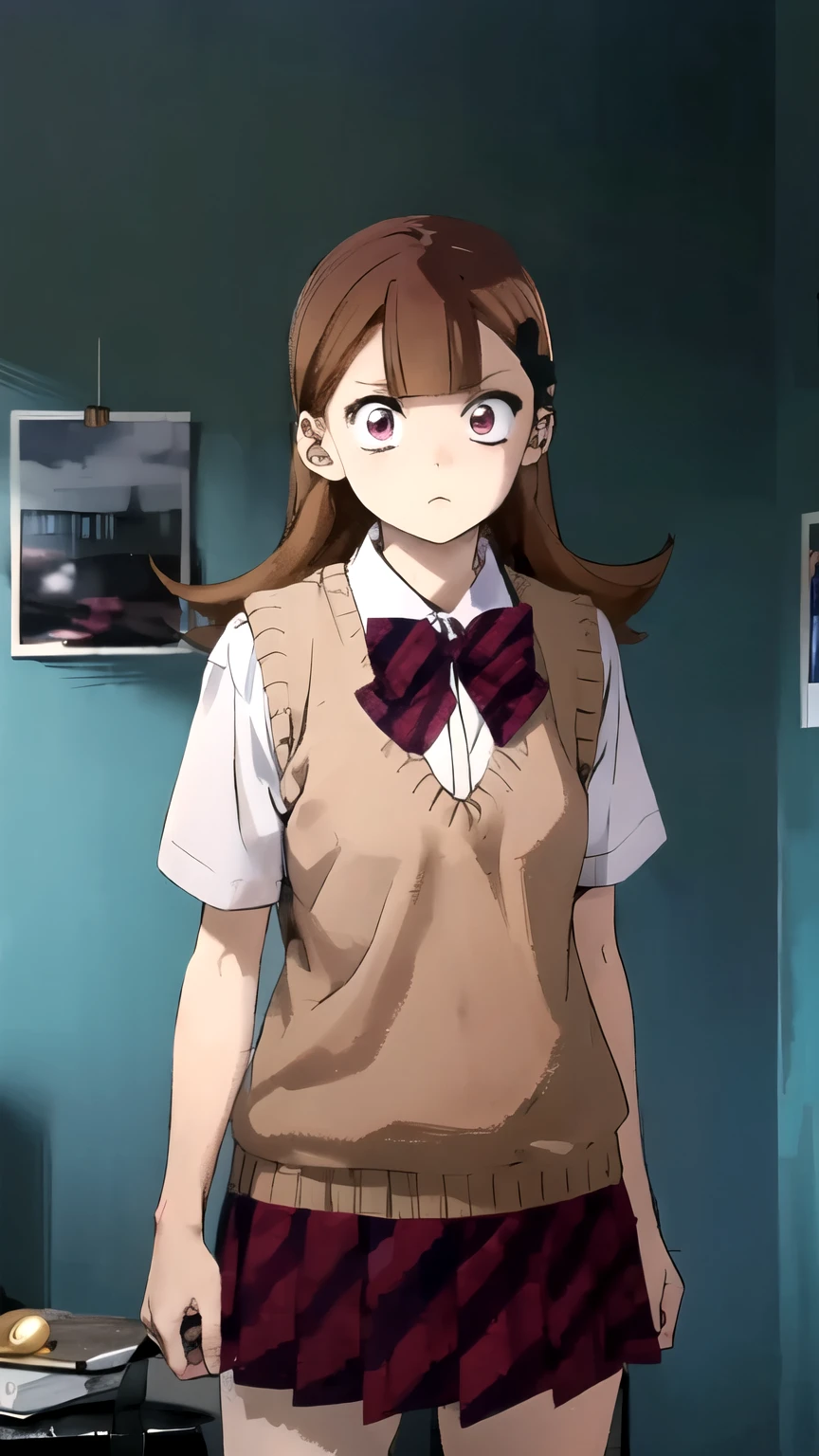 ((masterpiece,best quality)), {DATE_artstyle_LoRA : Manga_Style} {horror_edit}  {horror_edit : creepy_room_aura} {horror_manga : gloomy} { ( Yamai Ren, long hair, brown hair, hair ornament, black hairclip, blunt bangs, pink eyes ), perfectly_shape_breast : perfectly_fit_body   } { school uniform,sweater vest,collared shirt,white shirt,red bowtie,striped bowtie,diagonal-striped bow, skindentation,short sleeves,red skirt,pleated skirt,striped skirt,black socks,loafers, ,,  } {standing : arms_behind_head } { no_emotion : hypnotic_eyes : hypnotized_eyes : lazy_eyes} { sweating  } { : dark otaku room : creepy : messy : toys and posters }