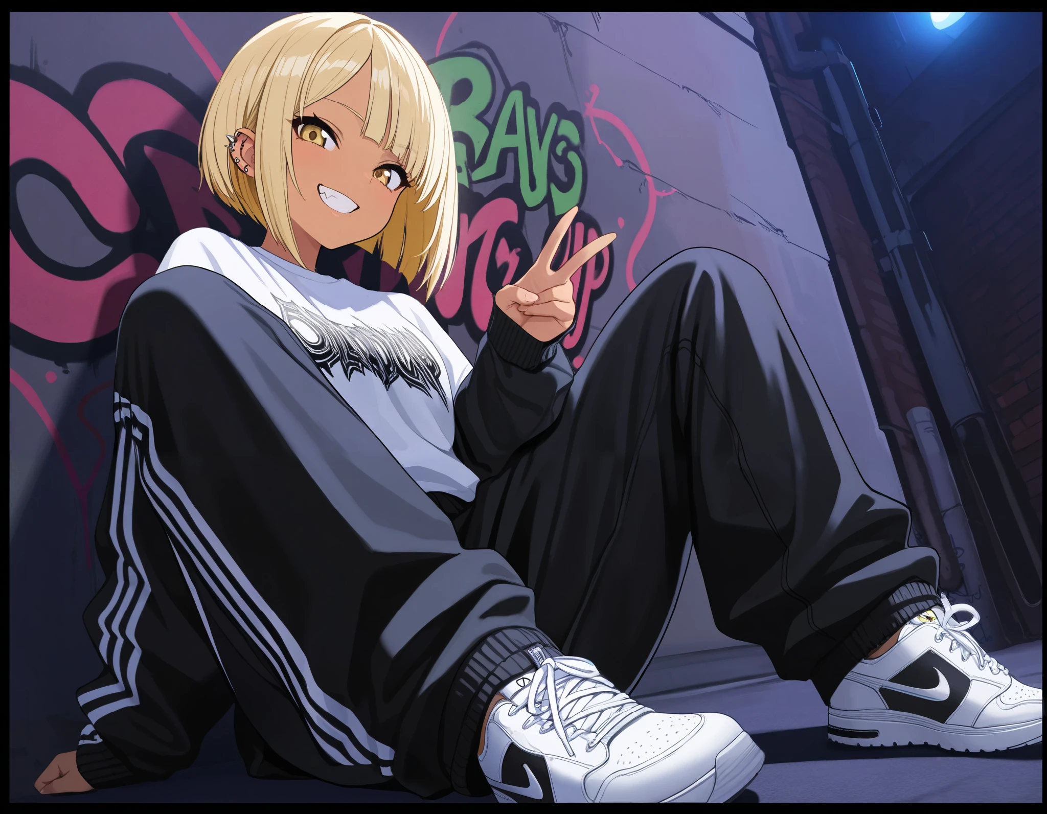 (best quality, highest quality:1.2), masterpiece, top quality, ultra high definition, rich contrasts, HD,8k, High Definition CG Unit Wallpaper, texture , Unbelievably Absurd, ultra high definition, RAW photos ,Deep border 1 .2, very detailed, back alley, graffiti wall, stylish pose, ceiling, from side:1.2, Sitting knees up, spread legs, night back alley, Leaning against a graffiti wall, turn your feet towards me,
bimbo, cute, streetwear, ((oversized Lower pants)), street style, sneakers, single V, There are many piercings,
glamorous, grin, fang, yellow eyes, blonde bob hair, tan,
