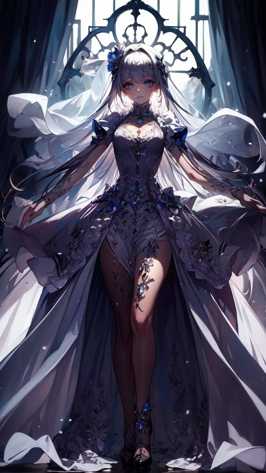 A beautiful young princess with black hair and blue eyes., she is wearing her beautiful long white dress