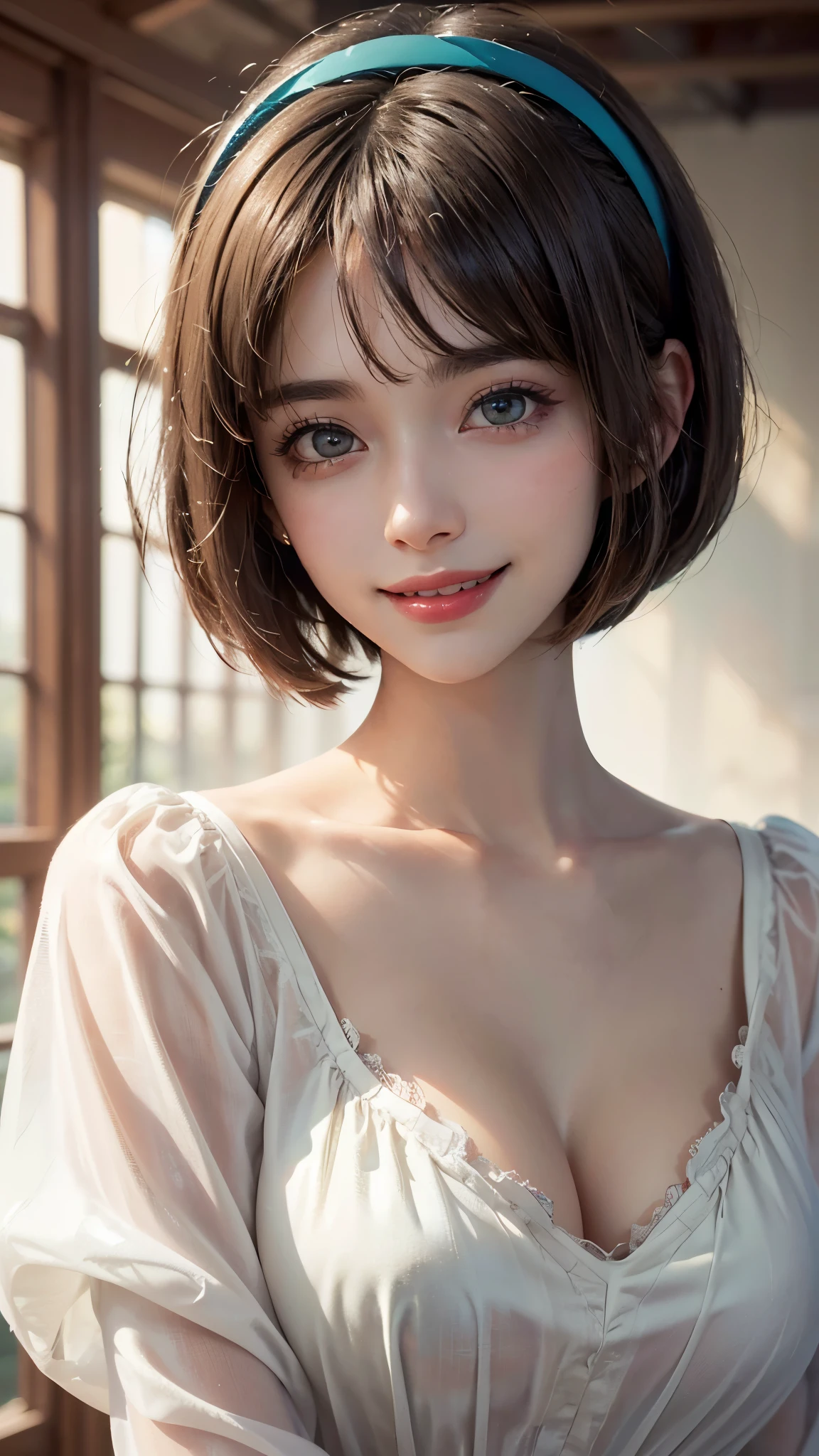 (UHD, retina, masterpiece, accurate, anatomically_correct, textured_skin, super_detail, high_details, high_quality, best_quality, high_res, 1080P, HD, 4K, 8k, 16k), (beautiful_detailed_eyes, beautiful_detailed_lips, extremely_detailed_eyes_and_face), (soft_lighting:1.5), physically-based_rendering, vivid_colors, (large_breasts:1.5), (shiny_hair, shiny_skin, tanned_skin, blush), (bangs:1.5), eye_reflection, (bokeh), (smiley, bob_cut, hairband, blouse:1.5),