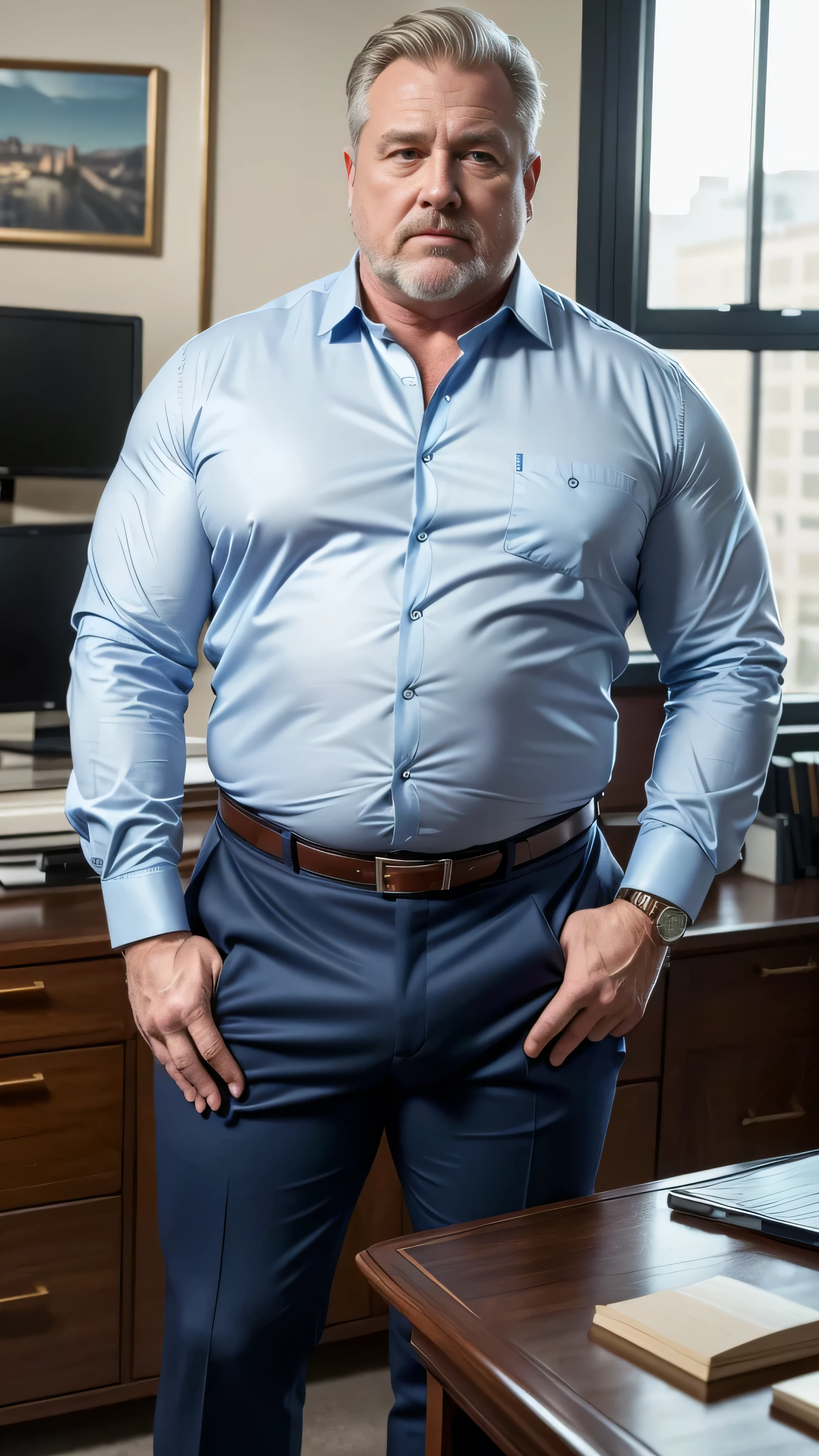 (best quality,4k,8k,highres,masterpiece:1.2), age 60, white man detective , horny disgusting, muscular chubby, kind, open blue shirt , mature daddy, Dress Pants with big hard bulge, hairy chest hard nipple, belt, loafer,