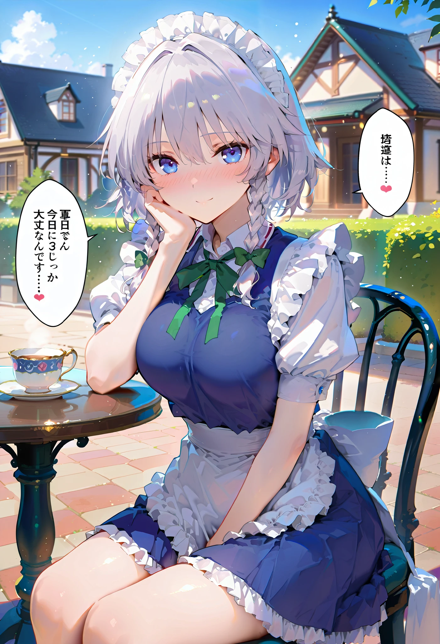 masterpiece, beautiful woman, adult female, cute, score_9, score_8_up , score_7_up , , rating_ general , izayoi sakuya, white hair, short hair, twin braids, maid clothes, Navy blue clothes,White ruffle sleeves,Short sleeve,unexposed breasts, navy blue ruffle skirt, miniskirt ,white ruffle apron, slim, slender body, (outdoor, western style house, In Terrace , chair, table, teacup ), full-face blush、speech bible, (lovely face, embarrassed, full blush, loving you, smile:0.5), ( sit in a chair, wear a cheek stick:1.2, looks happy, looking at viewer), lovely hearts:1.4, heart-shaped pup ils, speech bible, throw, source_anime, (side view:1.2)