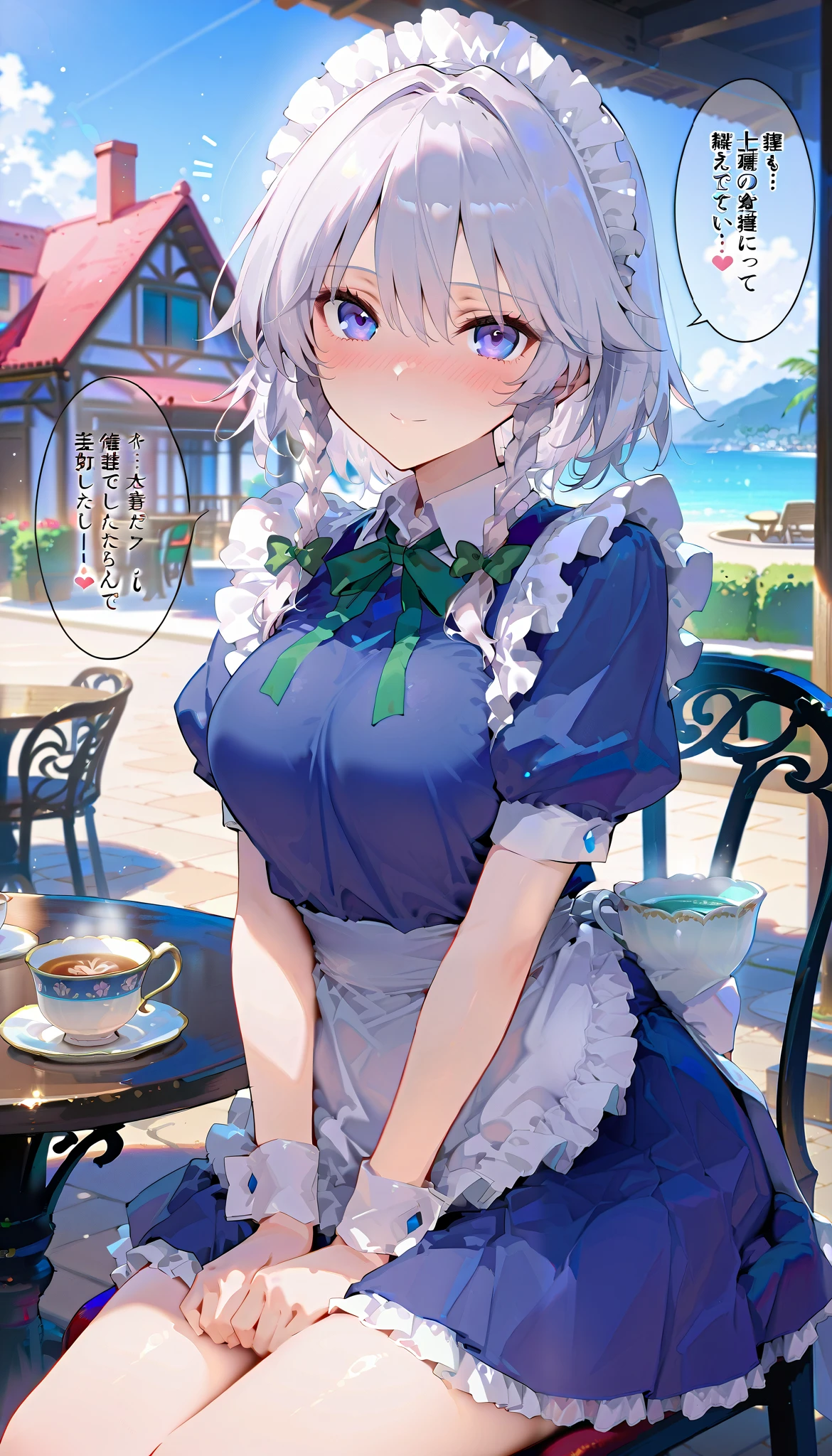 masterpiece, beautiful woman, adult female, cute, score_9, score_8_up  , score_7_up  , , rating_  general  ,  izayoi sakuya, white hair, short hair, twin braids, maid clothes, Navy blue clothes,White ruffle sleeves,Short sleeve,unexposed breasts, navy blue ruffle skirt,  miniskirt ,white ruffle apron, slim, slender body, (outdoor, western style house, In Terrace , chair, table, teacup ), full-face blush、speech bible, (lovely face, embarrassed, full blush, loving you, smile:0.5), ( sit in a chair,  wear a cheek stick:1.2, looks happy, looking at viewer), lovely hearts:1.4, heart-shaped pup  ils, speech bible, throw, source_anime, (side view:1.2)