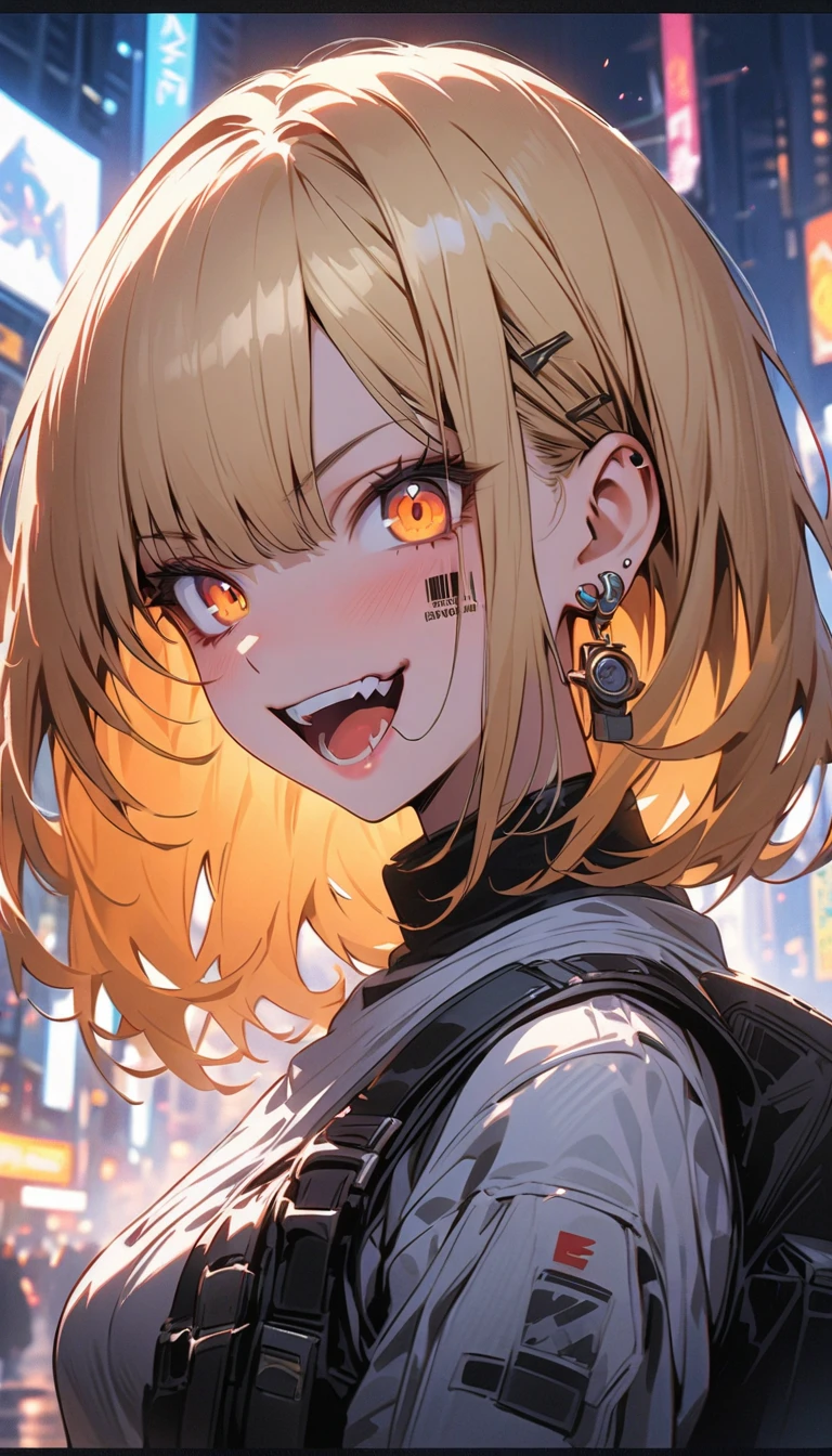 Graffiti face, eyes open, open mouth, yandere expression, smile, look at viewer, hand not visible, cyberpunk city, modern clothes, upper body, wearing sci-fi clothes