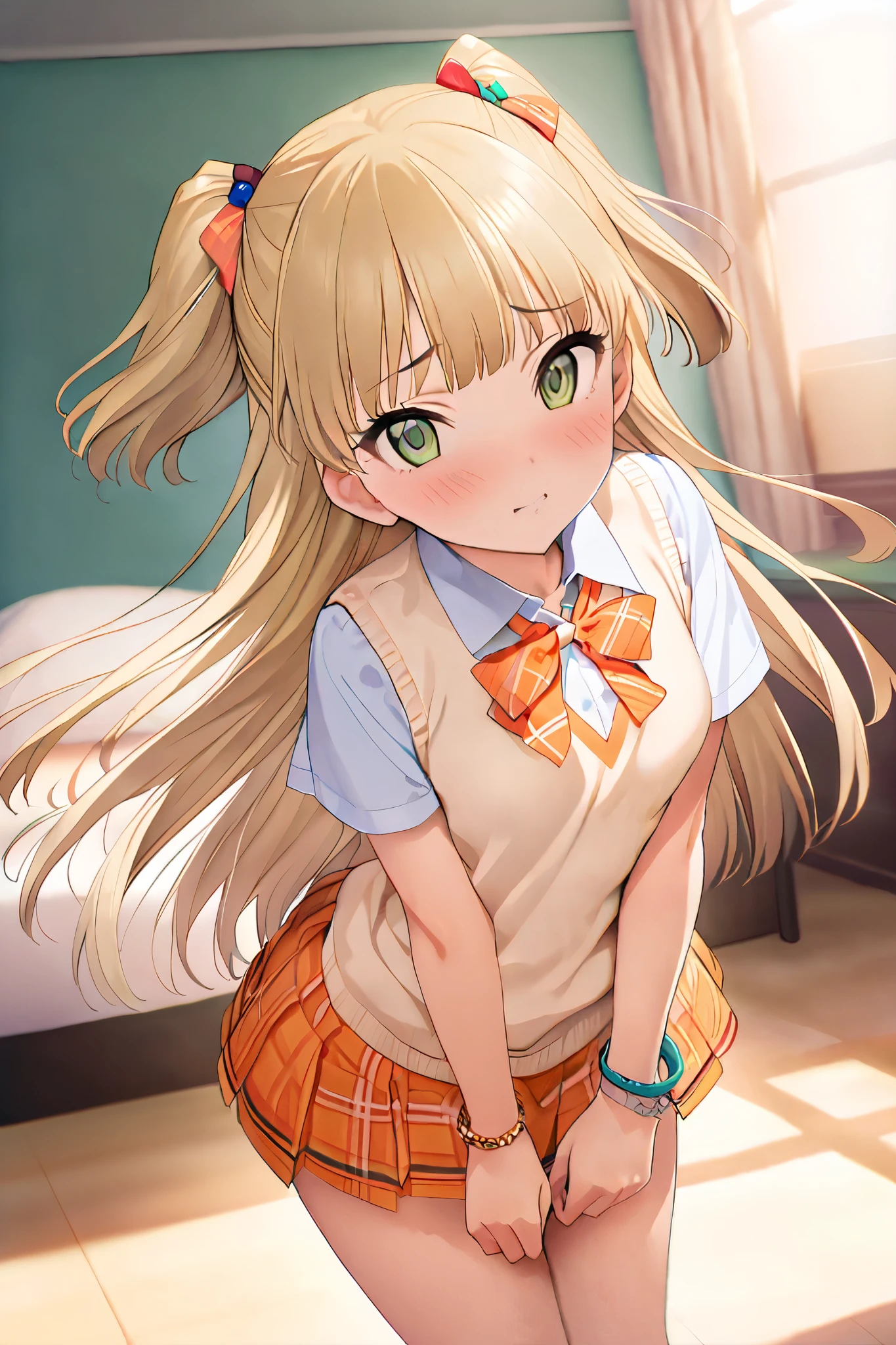 NSFW,masterpiece, best quality, high resolution, very detailed,Rika Jogasaki、Petite、 long hair、 blonde hair、 two side up、bangs、 hair ornament、 green eyes、 small breasts, hair tie 、uniform、clavicle、neck ribbon、 collar shirt、 sweater vest、Short sleeve、 bracelet、 plaid skirt、 Orange Skirt , panties