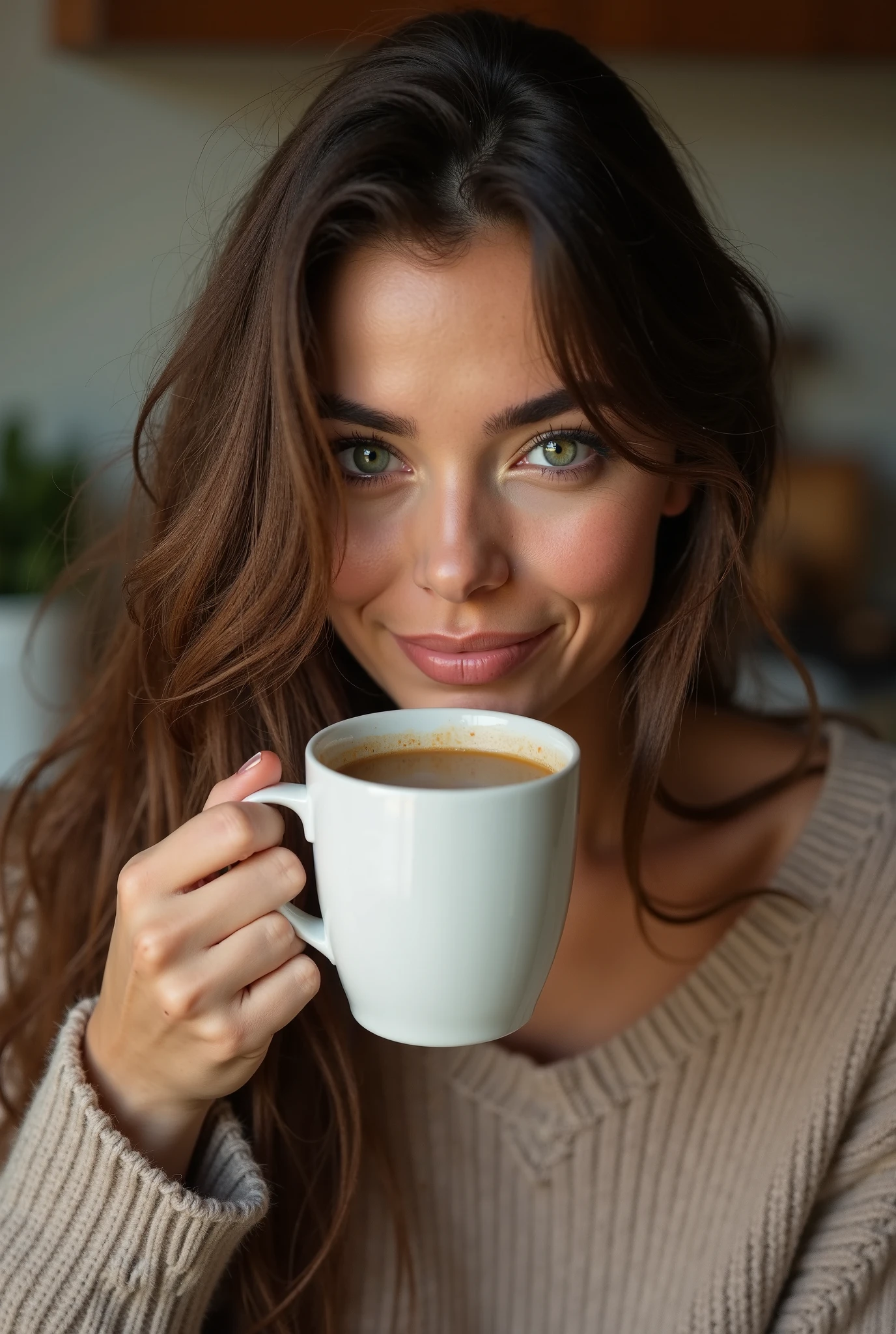 Arafed woman holding a cup of coffee in her hand - SeaArt AI