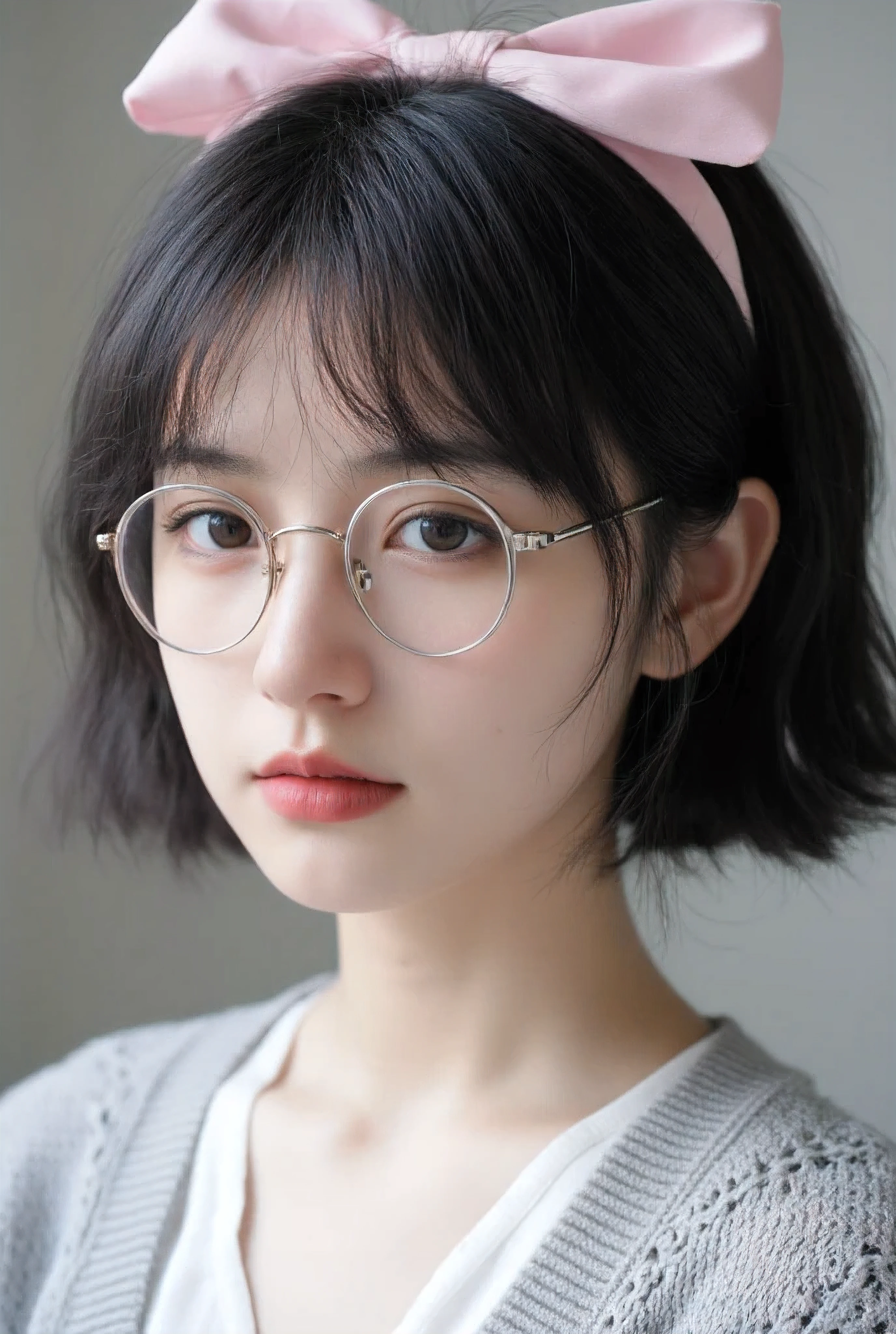 Close-up view of a young girl, -, with a cute yet elegant appearance. She has a slender, youthful face with soft, delicate features, and her expression is calm and thoughtful. Her skin is smooth and radiant, with a subtle glow enhanced by natural light that gently highlights her face. She wears her hair in a half-up half-down style, with the top section tied into a soft, loose knot secured by a large pink ribbon bow, while the remaining hair flows down naturally with light, soft waves. Her bangs are full and straight, falling evenly across her forehead to her eyebrows, with slightly longer layered strands at the sides framing her face. Her hair is shiny black with a healthy, natural sheen. She wears round glasses that add to her bookish charm, complementing her youthful appearance. The top of her outfit is a soft, light gray cardigan layered over a simple white blouse, with the cardigan's texture clearly visible. The background is blurred into a soft, neutral gradient, allowing the focus to stay on her clear, lifelike expression and detailed features. The natural light casts soft shadows on her face, giving the image depth and realism, capturing her youthful innocence and elegance in exquisite detail.