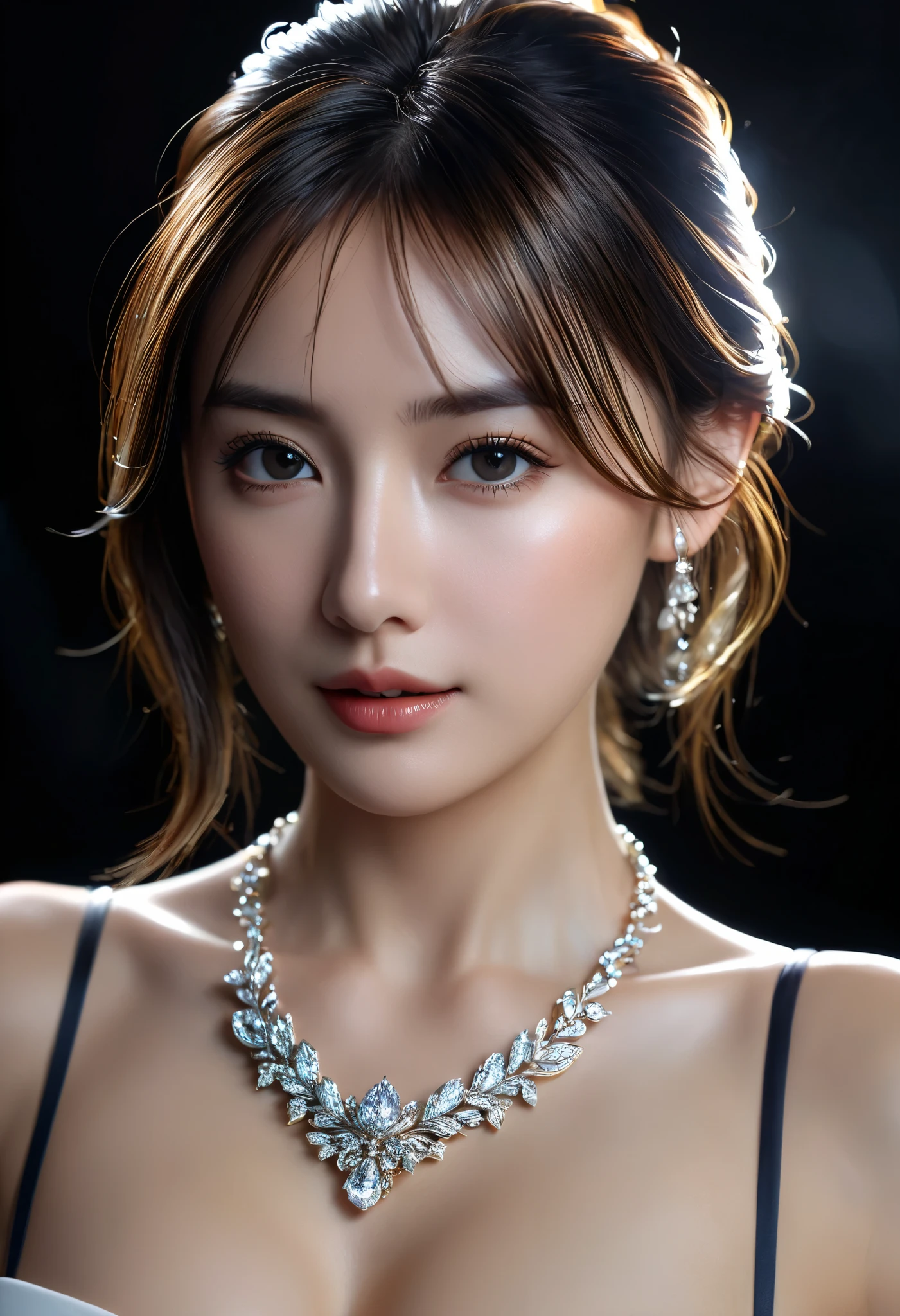 best quality, masterpiece, expensive_resolution, 1 girl in the best, hair ornament, necklace, Jewelry, beautiful face, to the body, tyndall effect, photorealistic , dark studio, Rim lighting, two-tone lighting , (expensive detailed skin:1.2), 8K Ultra HD , dslr , soft writing, expensive quality, Volumetric Light, Frank, photos, expensive resolutionolution, 4K, 8k, Bokeh, medium boobs, Open fingers,