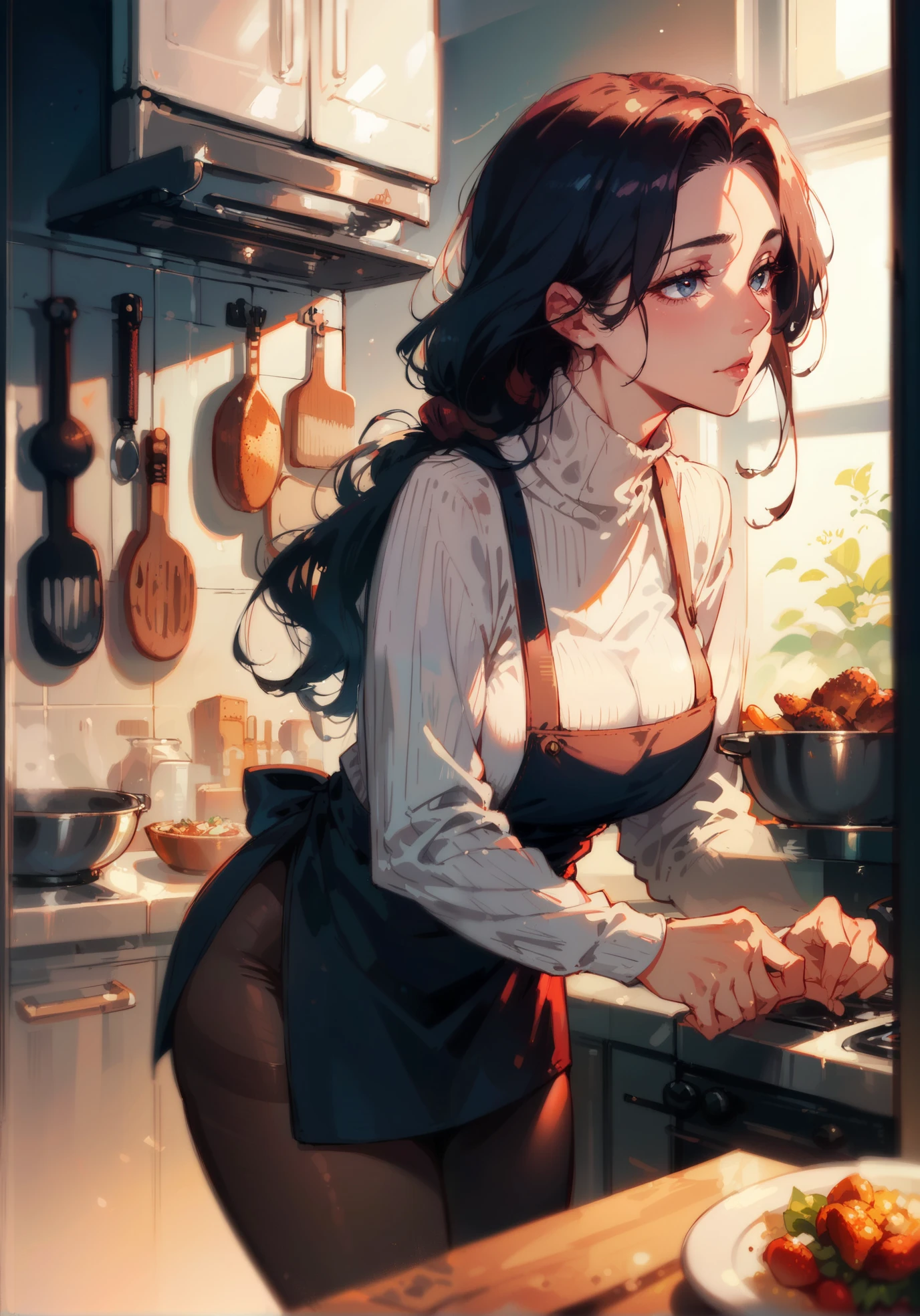 1girl, solo, mother, milf, mature female, perfect face, perfect lighting, Black Hair, Straight Hair, Long hair tied in a low position, sexy pose, High neck long sleeve white ribbed knit T-shirt(loose), black pantyhose, kitchen, standing next to oven, bent over,