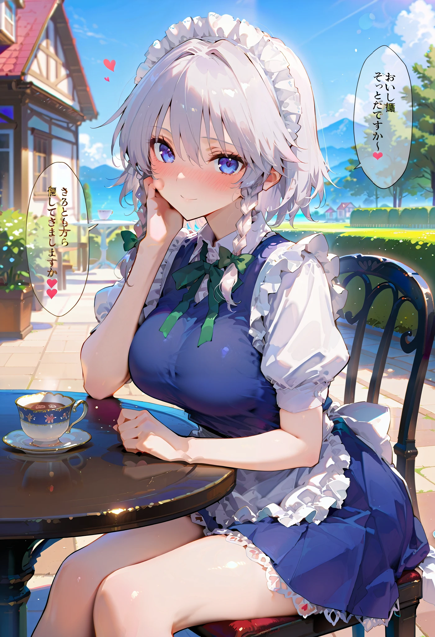 masterpiece, beautiful woman, adult female, cute, score_9, score_8_up , score_7_up , , rating_ general , izayoi sakuya, white hair, short hair, twin braids, maid clothes, Navy blue clothes,White ruffle sleeves,Short sleeve,unexposed breasts, navy blue ruffle skirt, miniskirt ,white ruffle apron, slim, slender body, (outdoor, western style house, In Terrace , chair, table, teacup ), full-face blush、speech bible, (lovely face, embarrassed, full blush, loving you, smile:0.5), ( sit in a chair, テーブルに肘をつく, wear a cheek stick:1.5, looks happy, looking at viewer), lovely hearts:1.4, heart-shaped pup ils, speech bible, throw, source_anime, (side view:1.2)