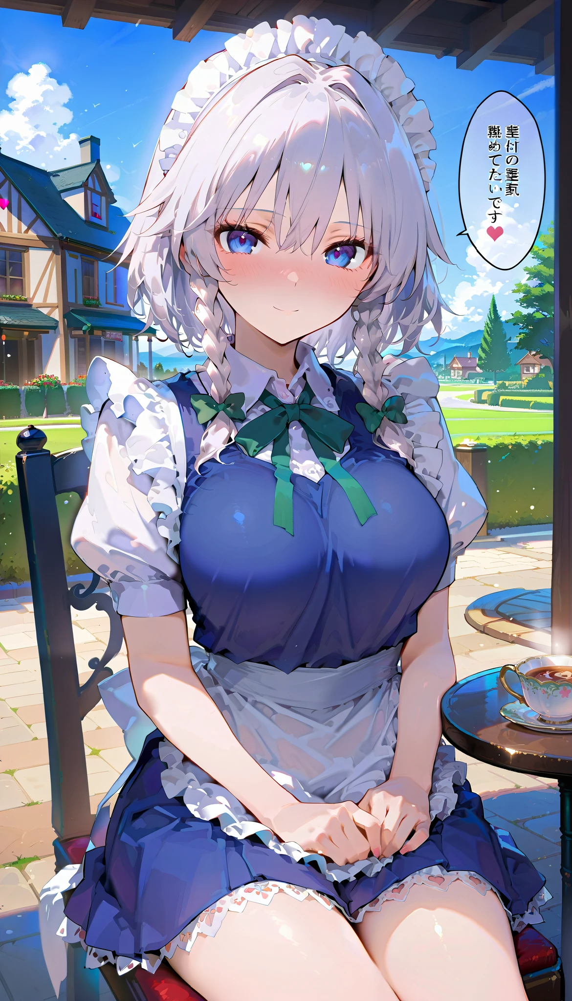 masterpiece, beautiful woman, adult female, cute, score_9, score_8_up  , score_7_up  , , rating_  general  ,  izayoi sakuya, white hair, short hair, twin braids, maid clothes, Navy blue clothes,White ruffle sleeves,Short sleeve,unexposed breasts, navy blue ruffle skirt,  miniskirt ,white ruffle apron, slim, slender body, (outdoor, western style house, In Terrace , chair, table in front of woman, teacup ), full-face blush、speech bible, (lovely face, embarrassed, full blush, loving you, smile:0.5), ( sit in a chair, テーブルに肘を乗せる:1.2, wear a cheek stick:1.5, looks happy, looking at viewer), lovely hearts:1.4, heart-shaped pup  ils, speech bible, throw, source_anime, front view