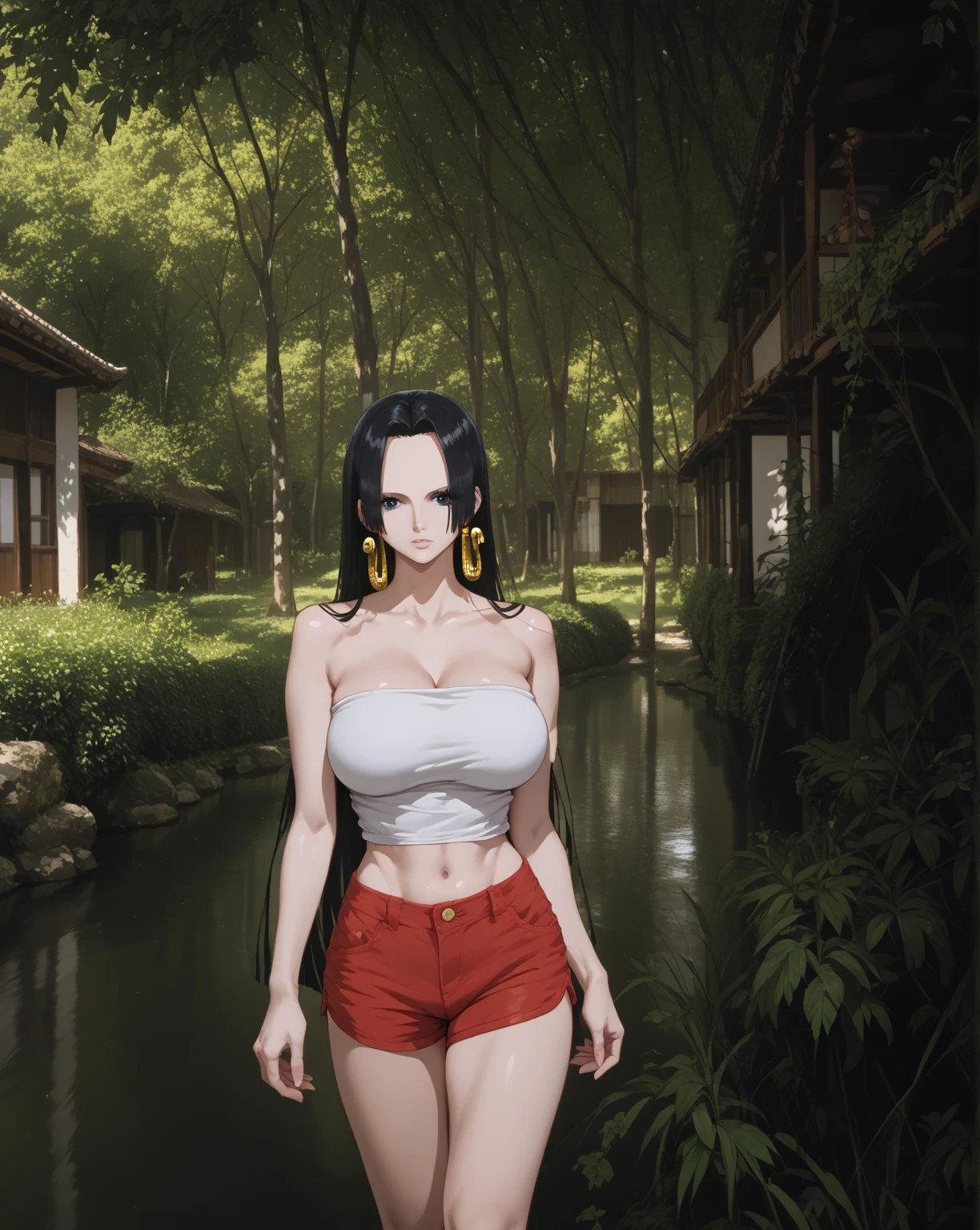 Source anime, Tall girl,score_9, score_8_up, score_7_up, score_6_up, uncensored, boa hancock, jewelry, earrings, long hair, black hair, Black hair eyes, huge breast,thighs, 1girl, solo, black_hair, long_hair, navel, red_shorts, shorts, looking_at_viewer, photo_background, midriff, bare_shoulders, tube_top, breasts, strapless, standing, outdoors