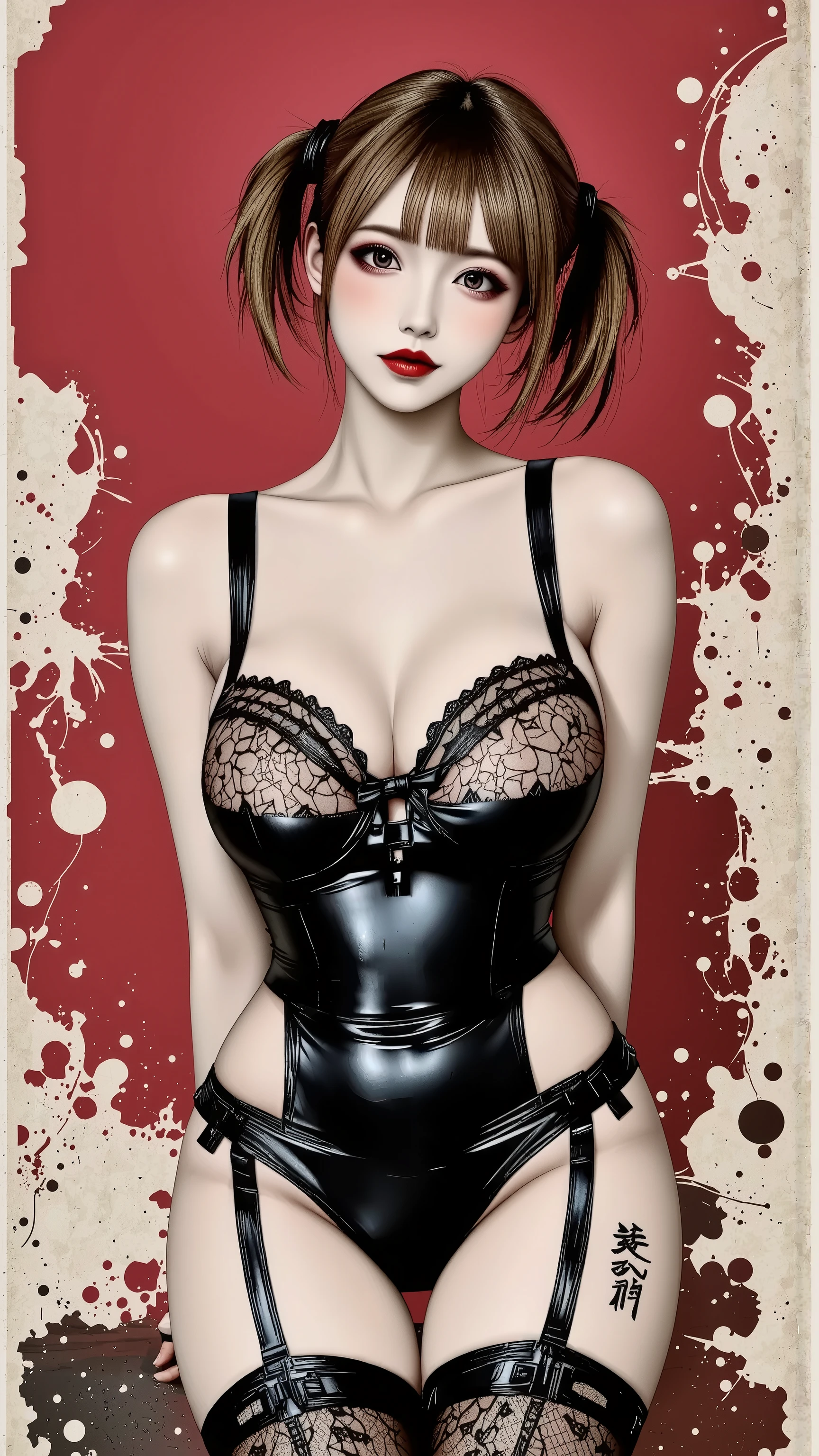 (masterpiece, best quality, perfect hourglass figure, wide waist, blush), busty, portrait, perfect face, flawless eyes, empty gradient background, beautiful lips, full lips, (arms behind back), perfect waist, cowboy shot, perfect hips,, wide smile, sanpaku, concave bangs, round pupils, evil eyes, tan, dark skin, brown skin, short puffy hair, huge breasts, saggy breasts, scarlet hair, GothGal, wearing a GothGal outfi, short dress, frills, showing beautiful oiled legs,