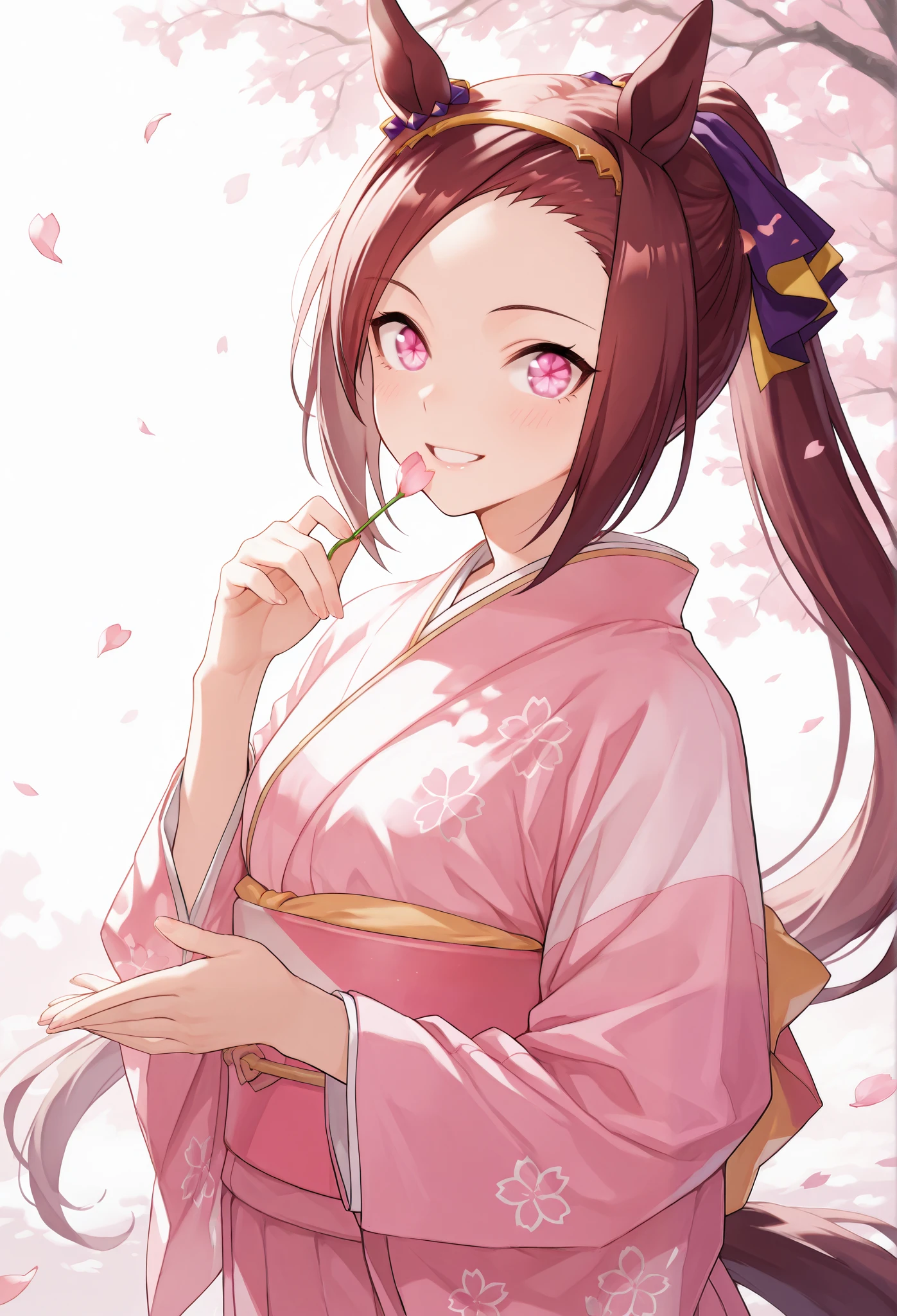 {{{masterpiece}}}, {{{ best quality }}}, {{ More details}}, {illustration}, {{ so delicate and beautiful }}, detailed skin, detailed eyes {{{Uma Musume}}},{{{sakura bakushin o:1.7}}},{{{{smile}}}、{{{fine}}},}}{ maroon hair in the garden }, Right Ear Ornament , ponytail,{{{ Cherry Blossom Petal Eyes }}},{{{ Raise your hands:1.7}}},{ talk with your mouth open }